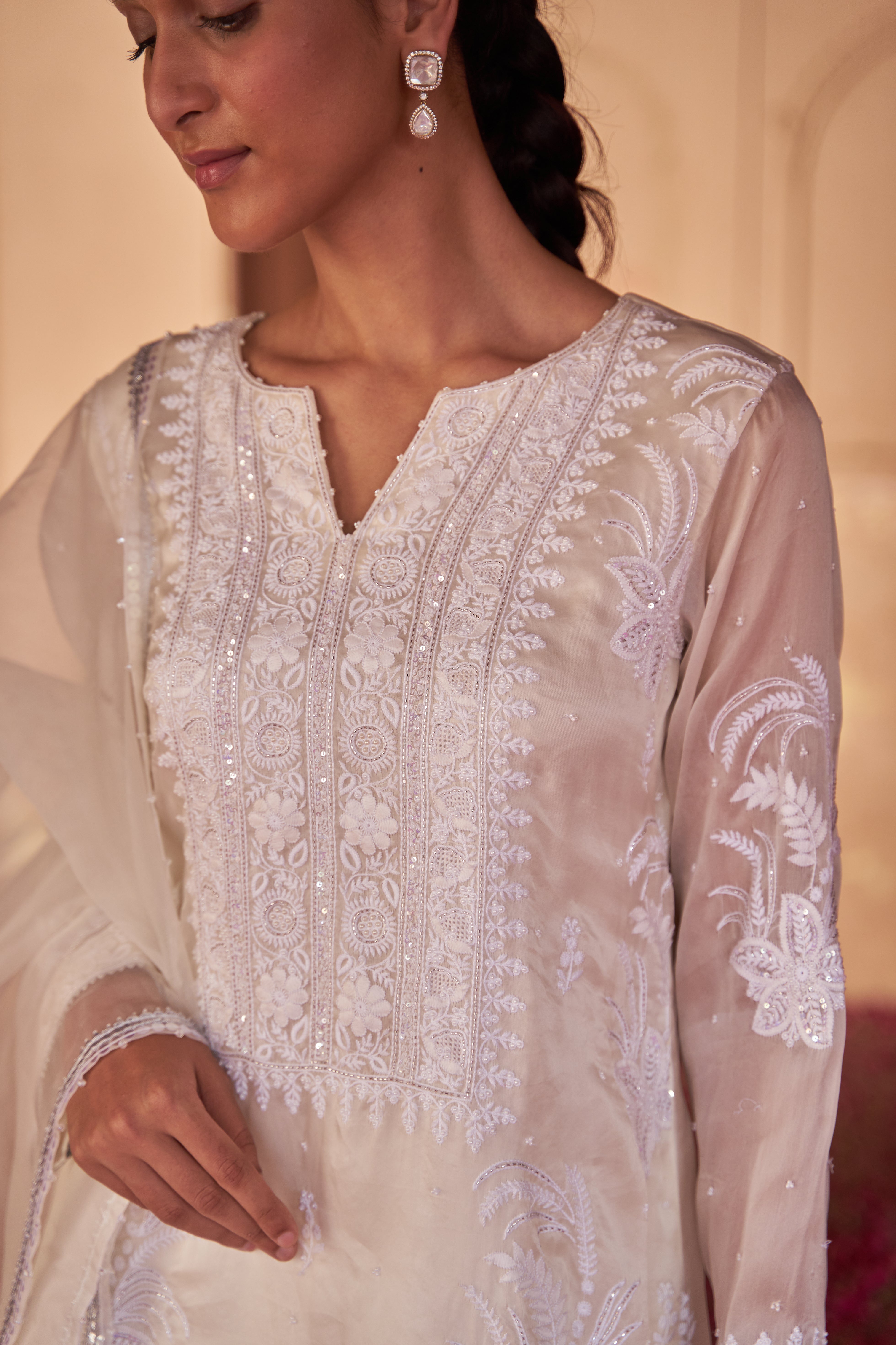 White organza chikankari kurta set