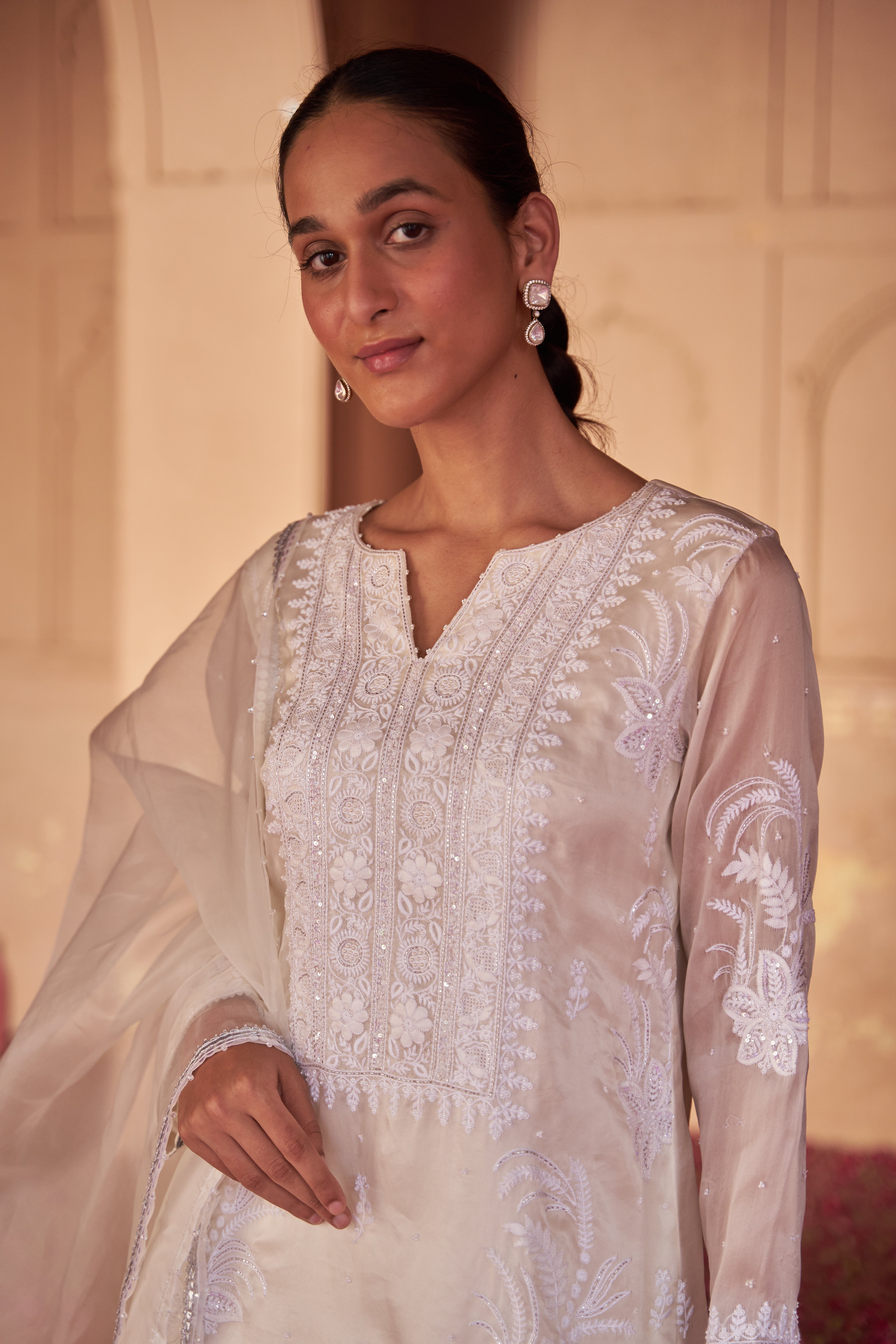 White organza chikankari kurta set