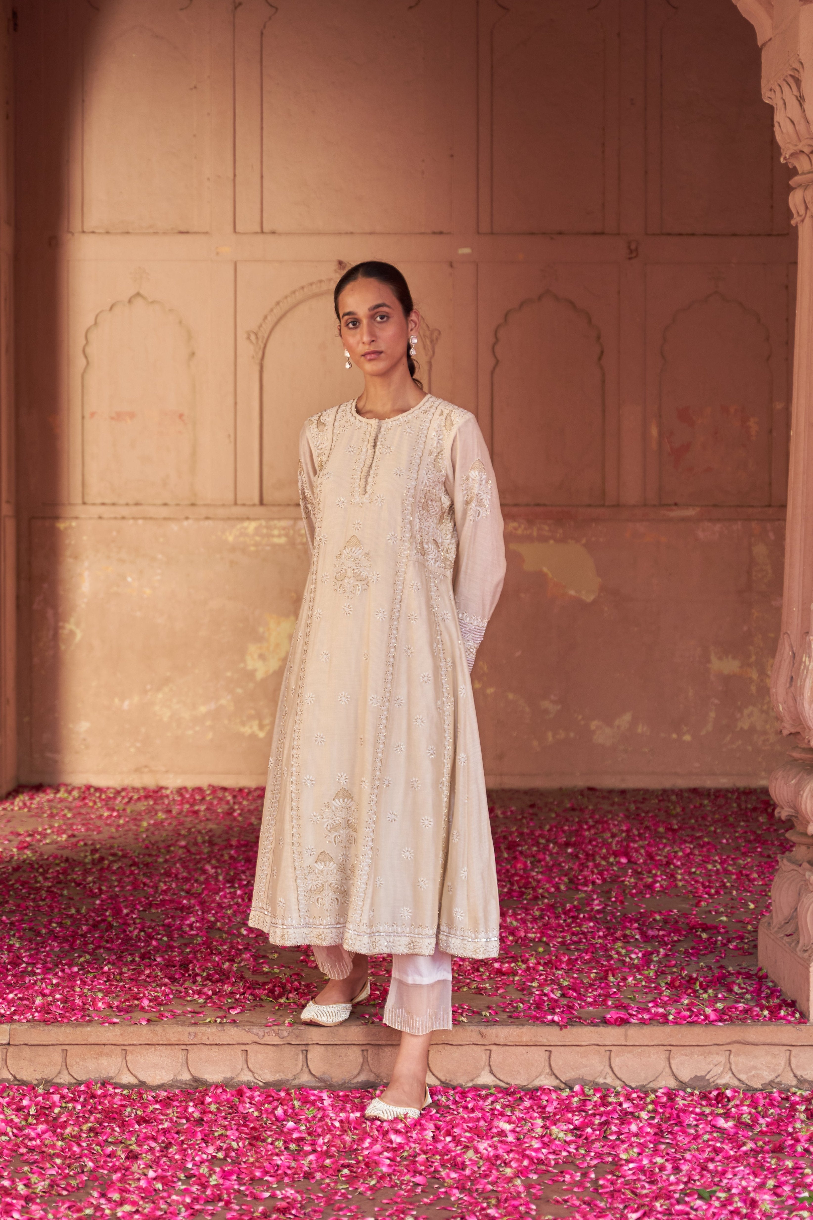 Beige Chanderi Chikankari Anarkali Set