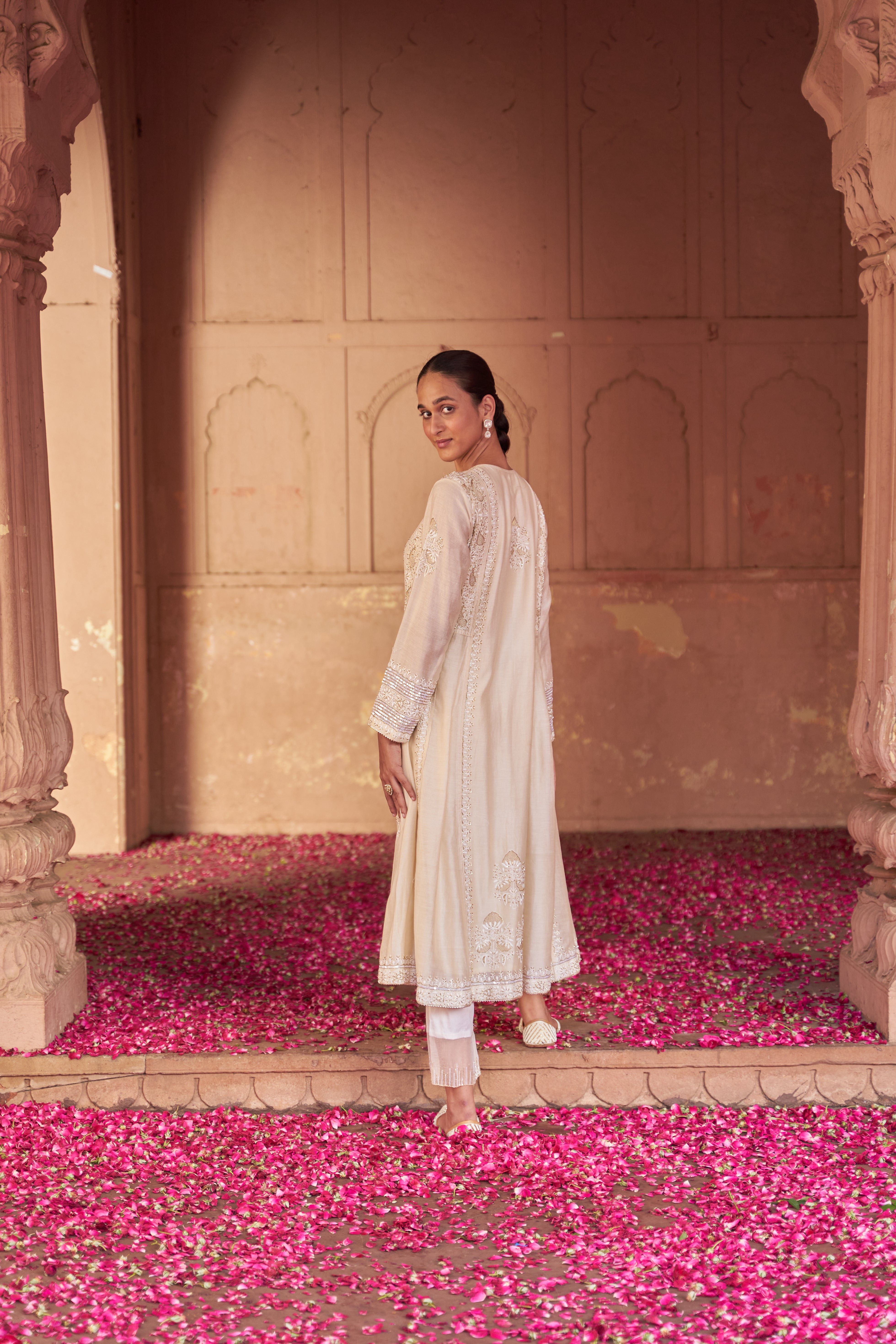 Beige Chanderi Chikankari Anarkali Set