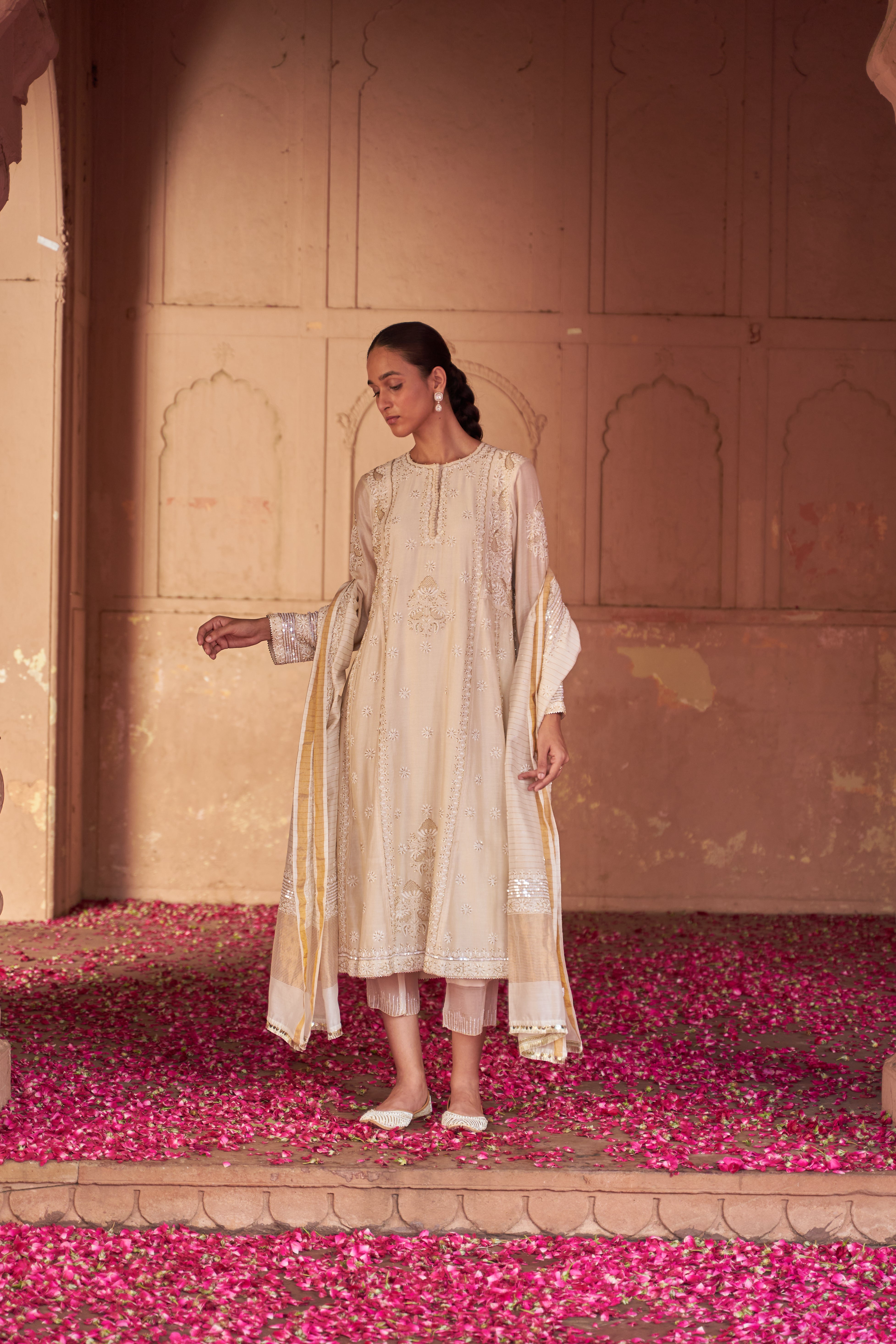 Beige Chanderi Chikankari Anarkali Set