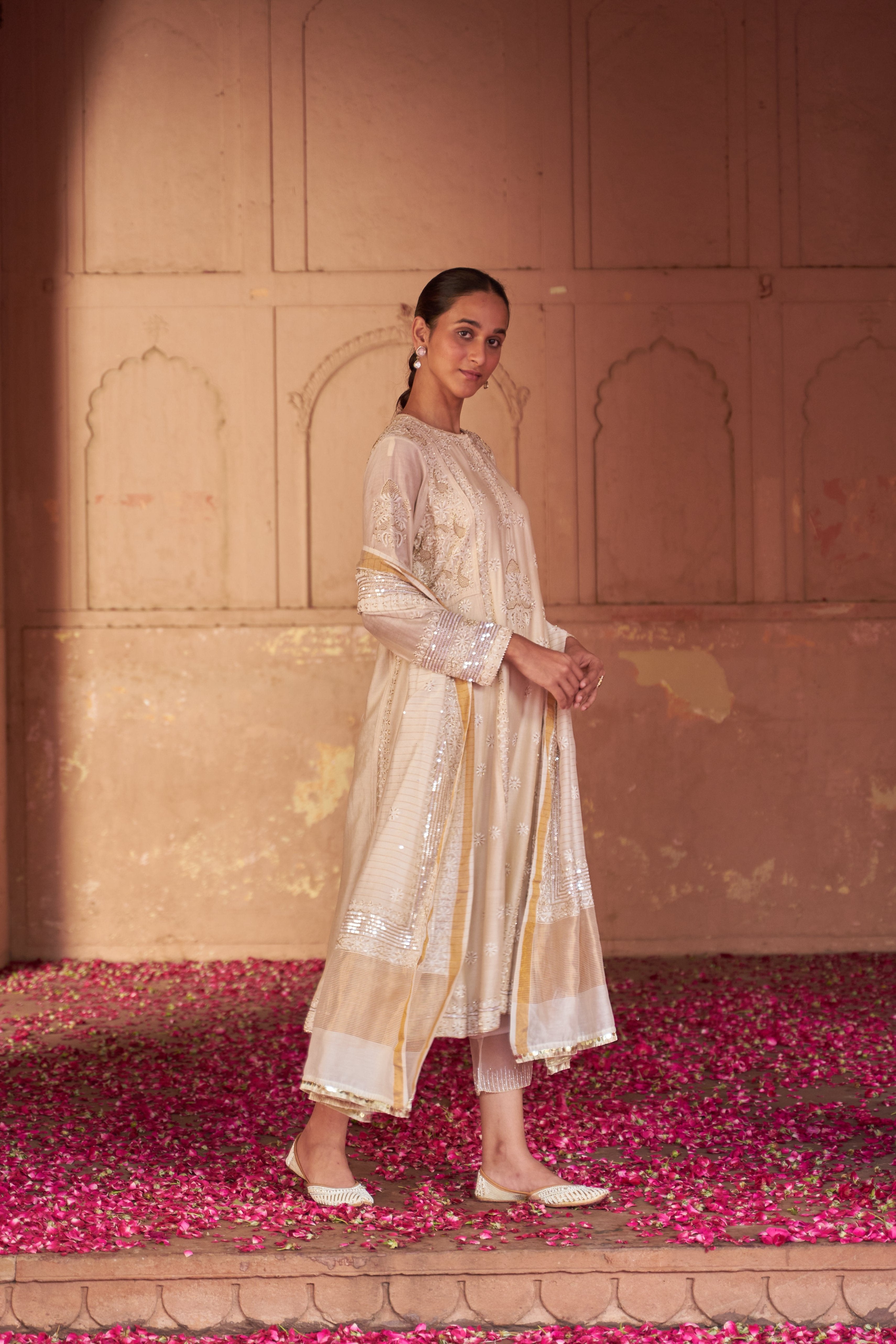 Beige Chanderi Chikankari Anarkali Set