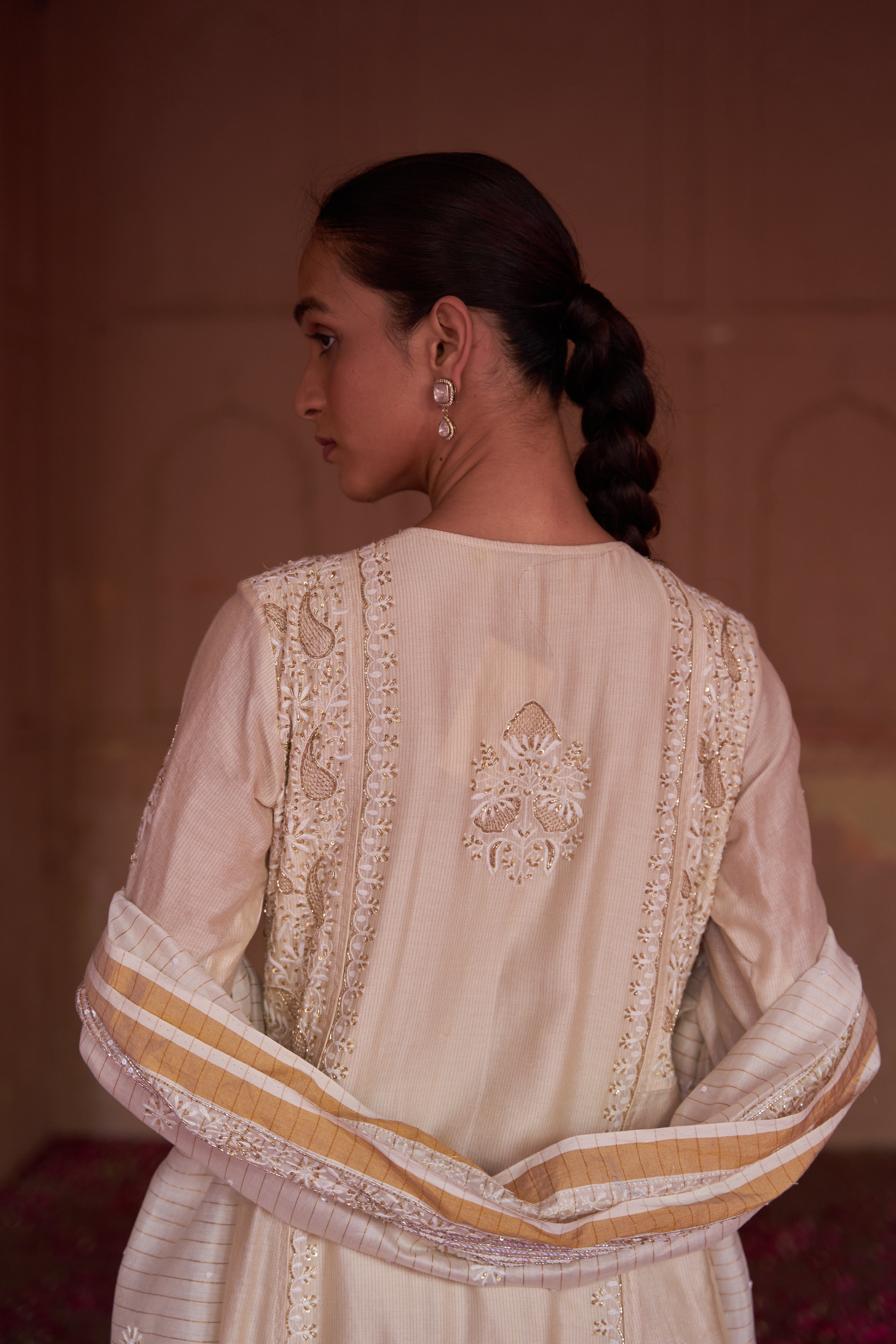 Beige Chanderi Chikankari Anarkali Set