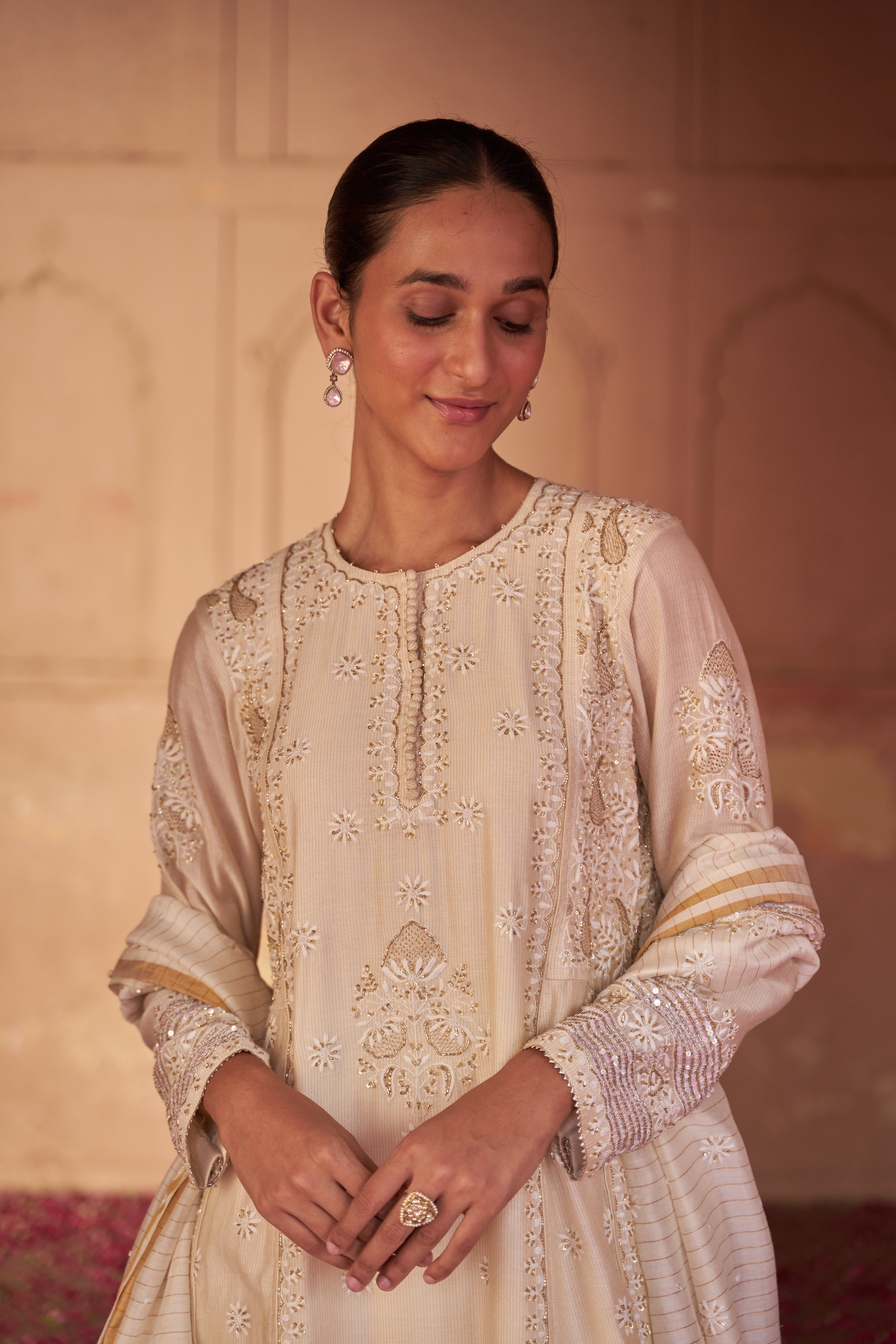 Beige Chanderi Chikankari Anarkali Set