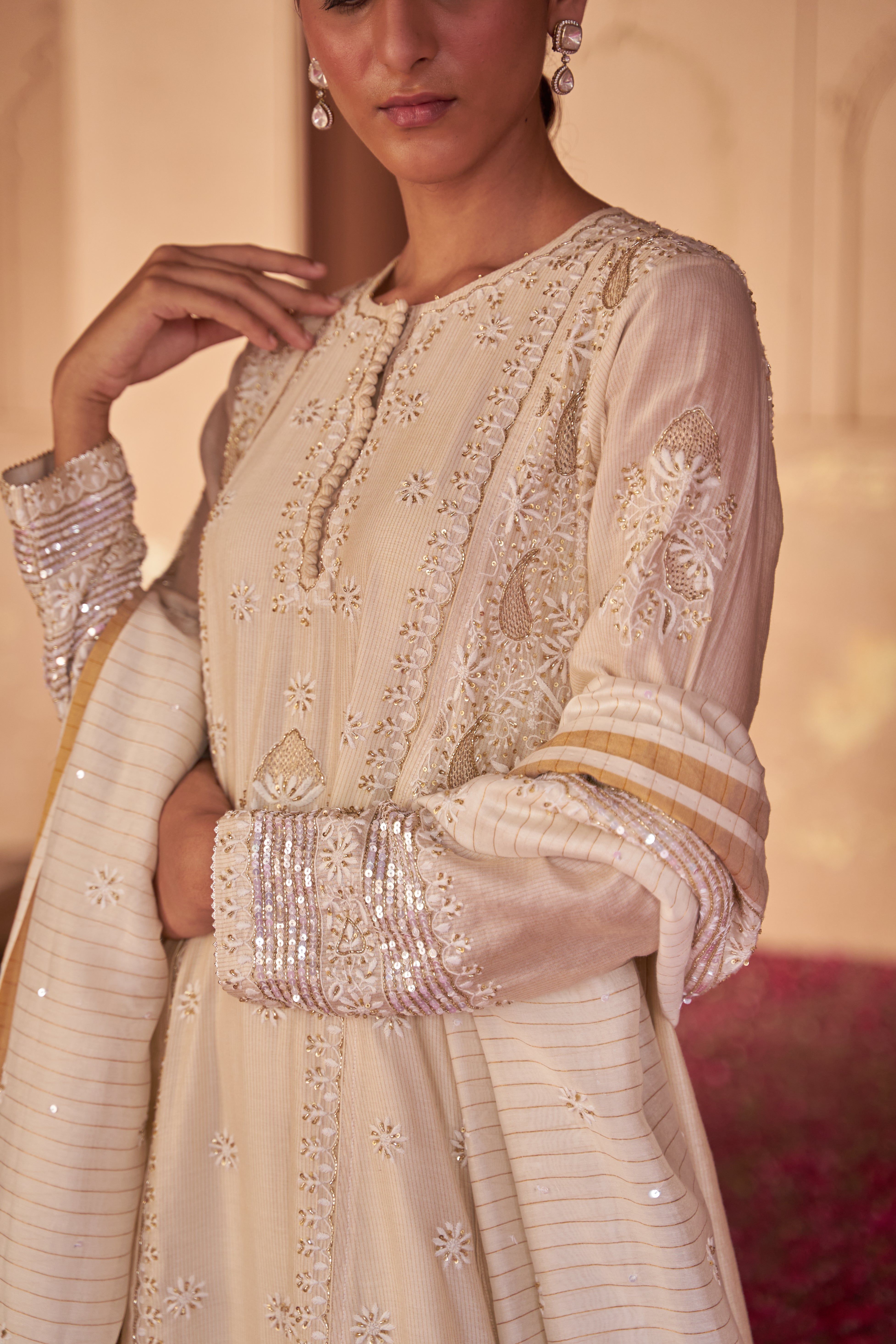 Beige Chanderi Chikankari Anarkali Set