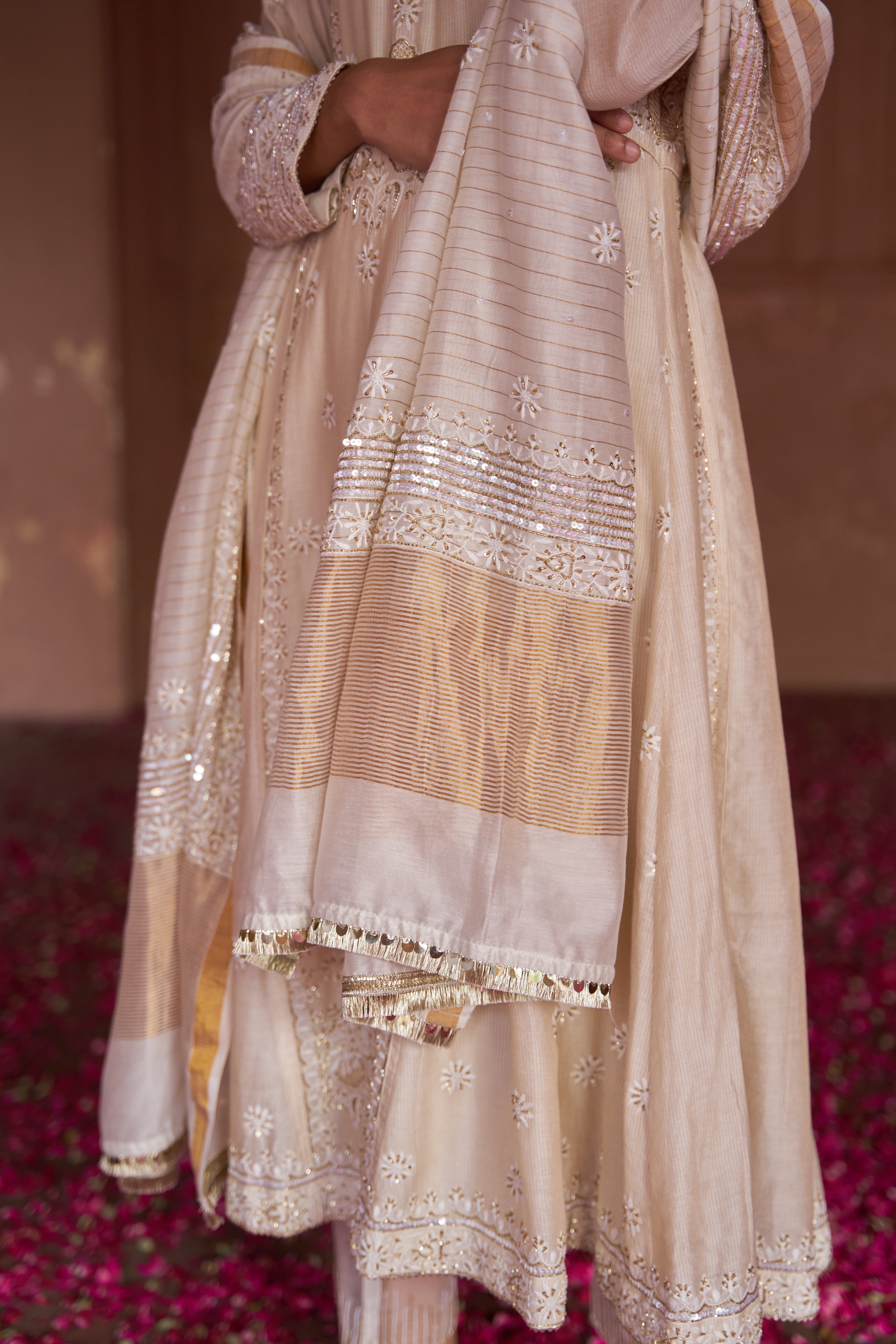 Beige Chanderi Chikankari Anarkali Set