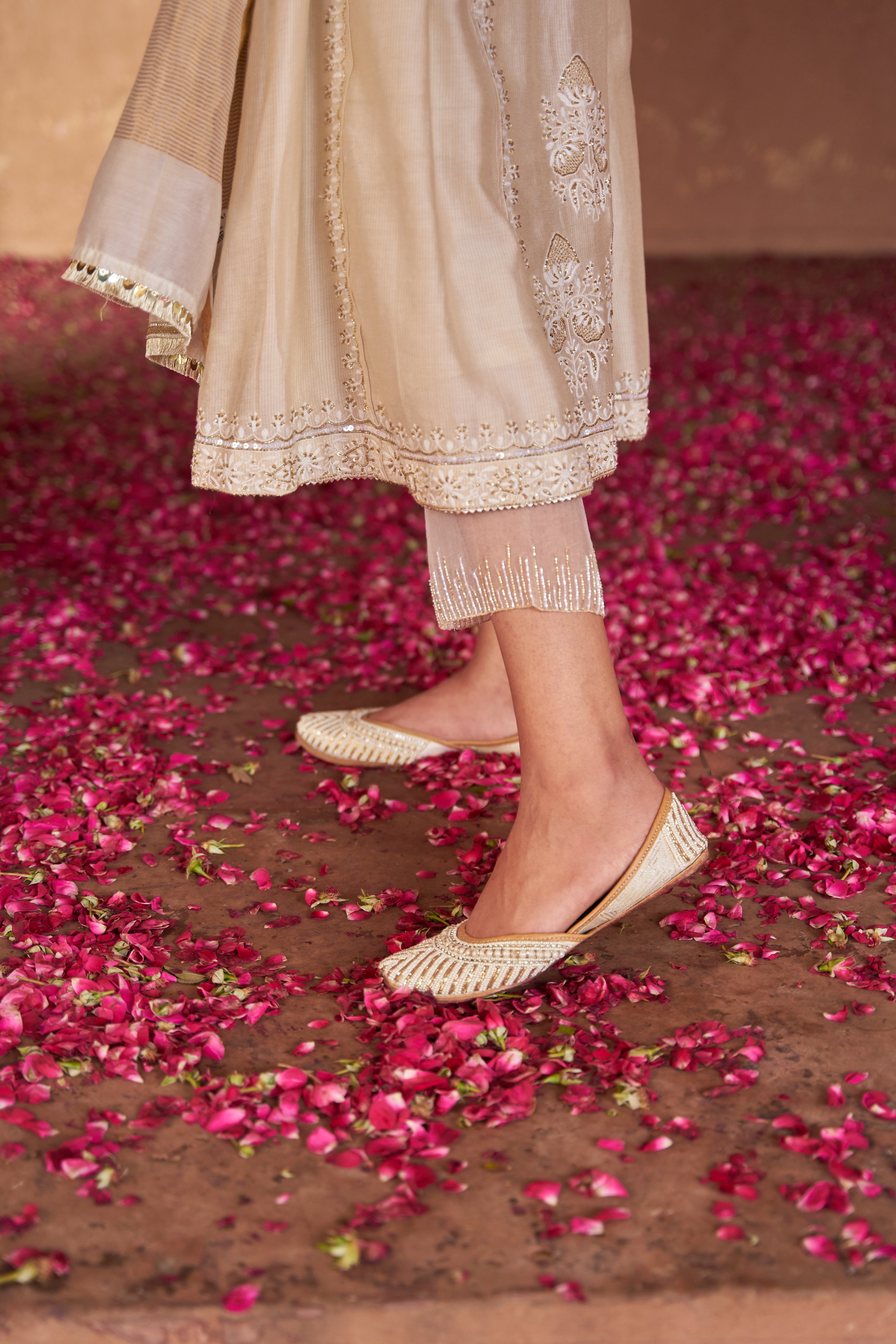 Beige Chanderi Chikankari Anarkali Set