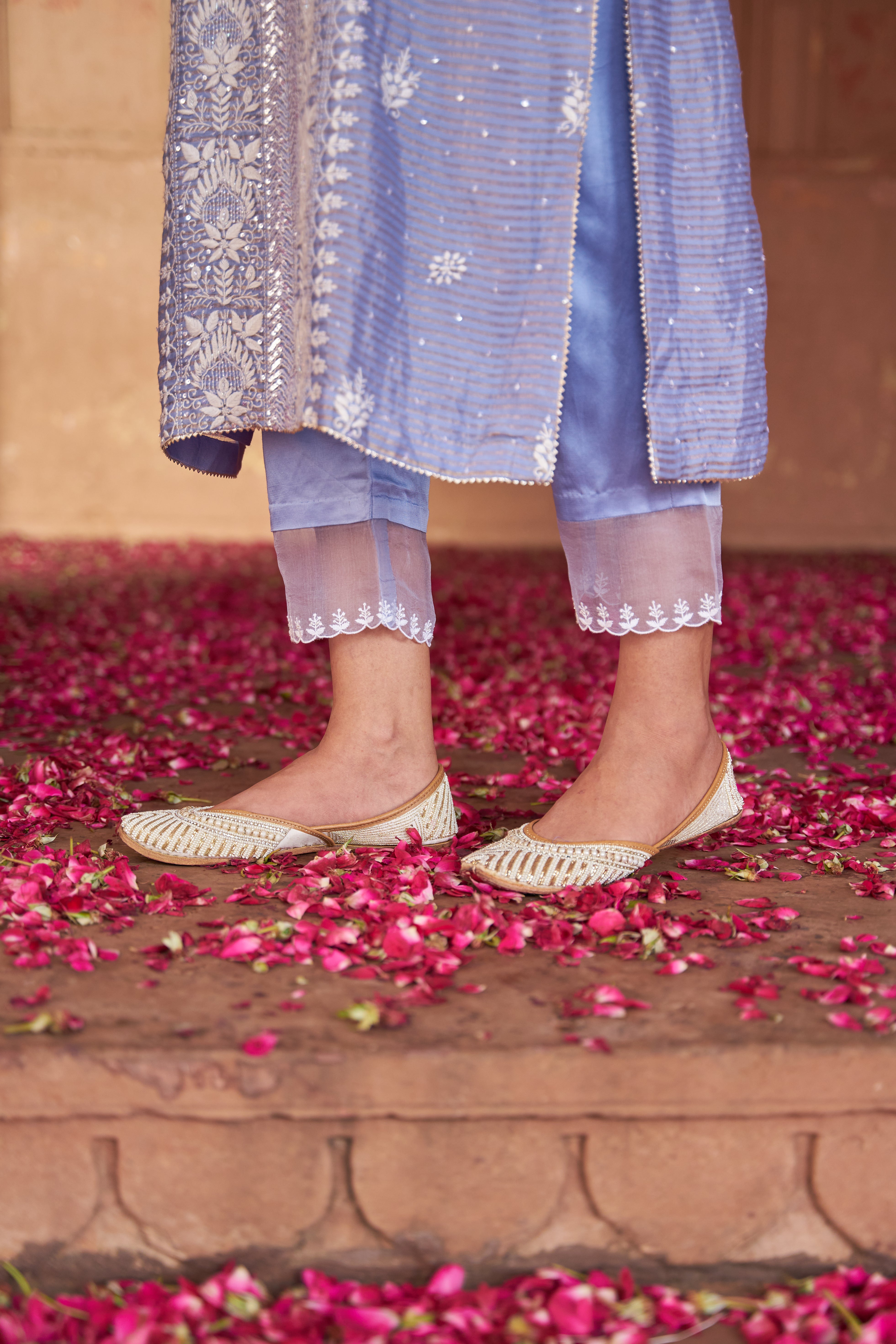 Ash Blue Stripe Tissue Chikankari Kurta Set