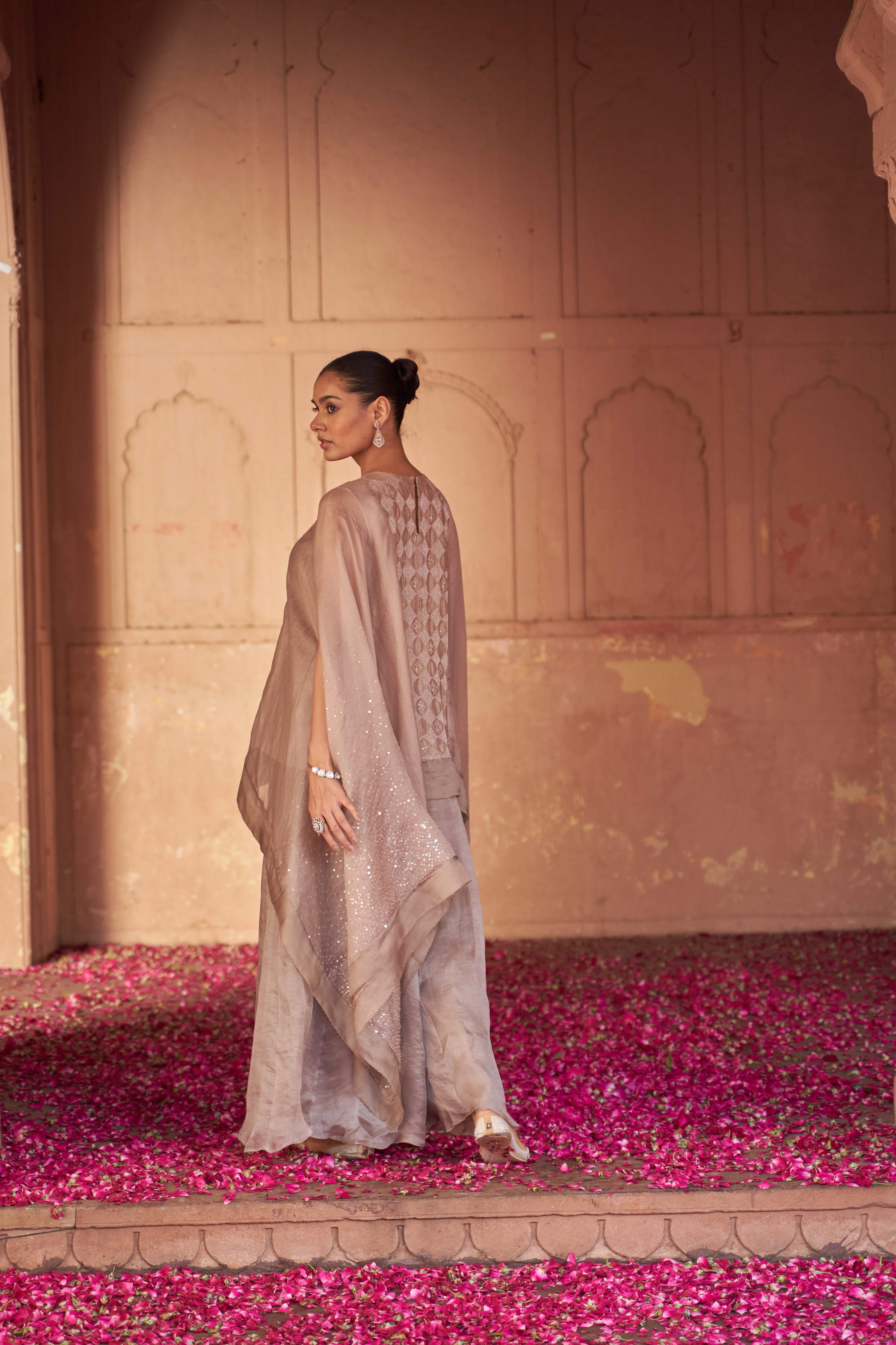 Dusty Olive Chikankari Organza Sharara Set