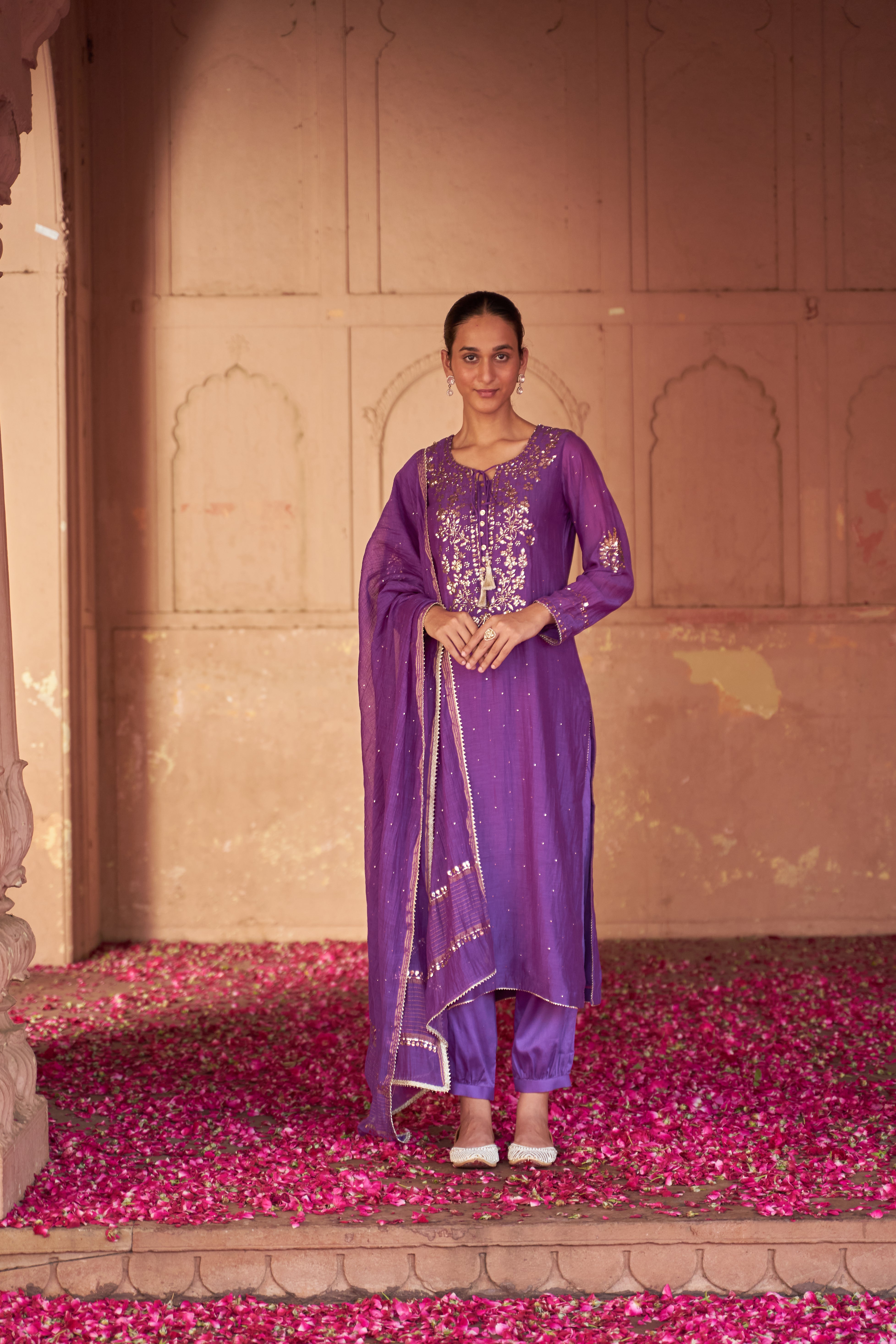 Purpel Mul Chanderi Chikankari Kurta Set