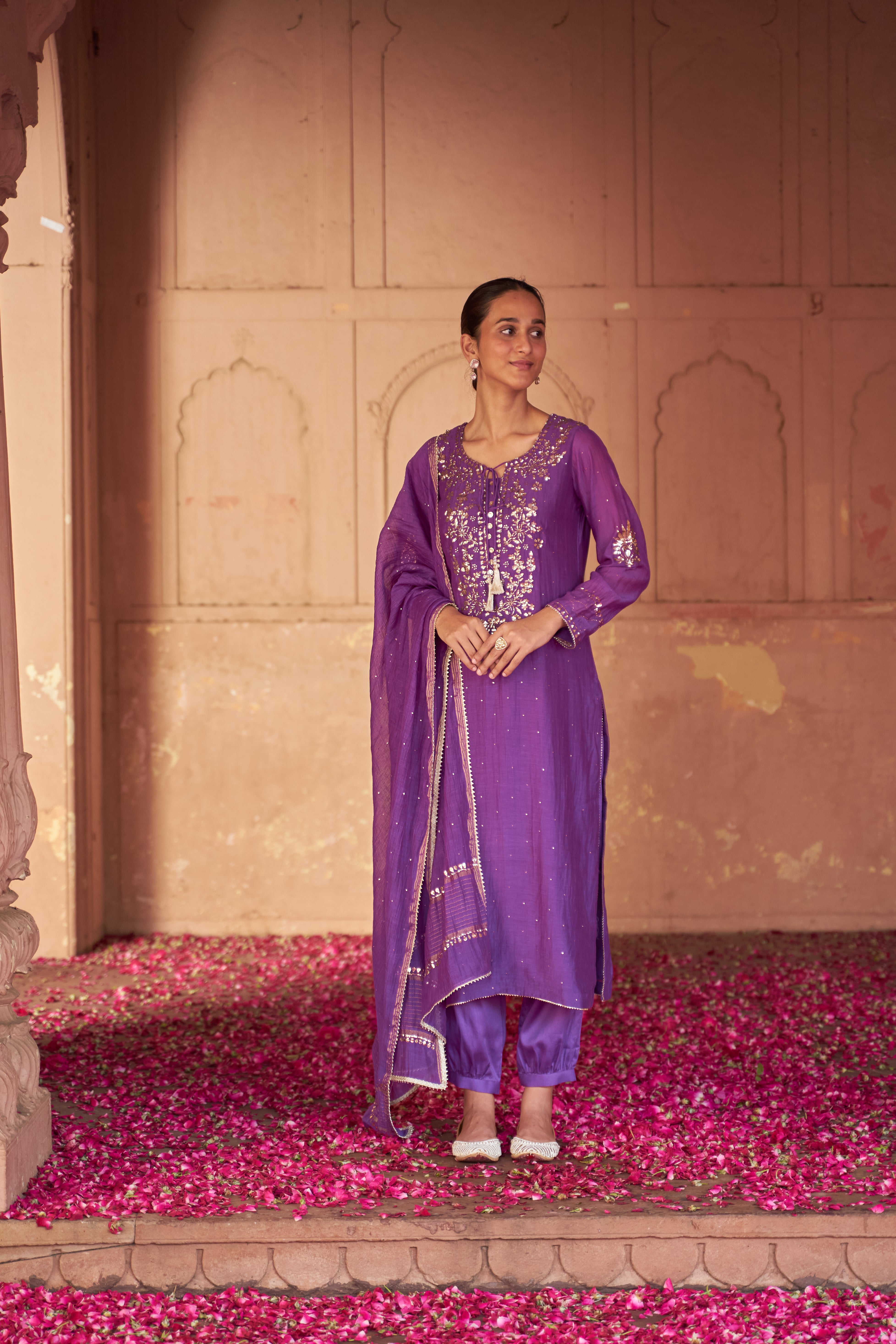 Purpel Mul Chanderi Chikankari Kurta Set