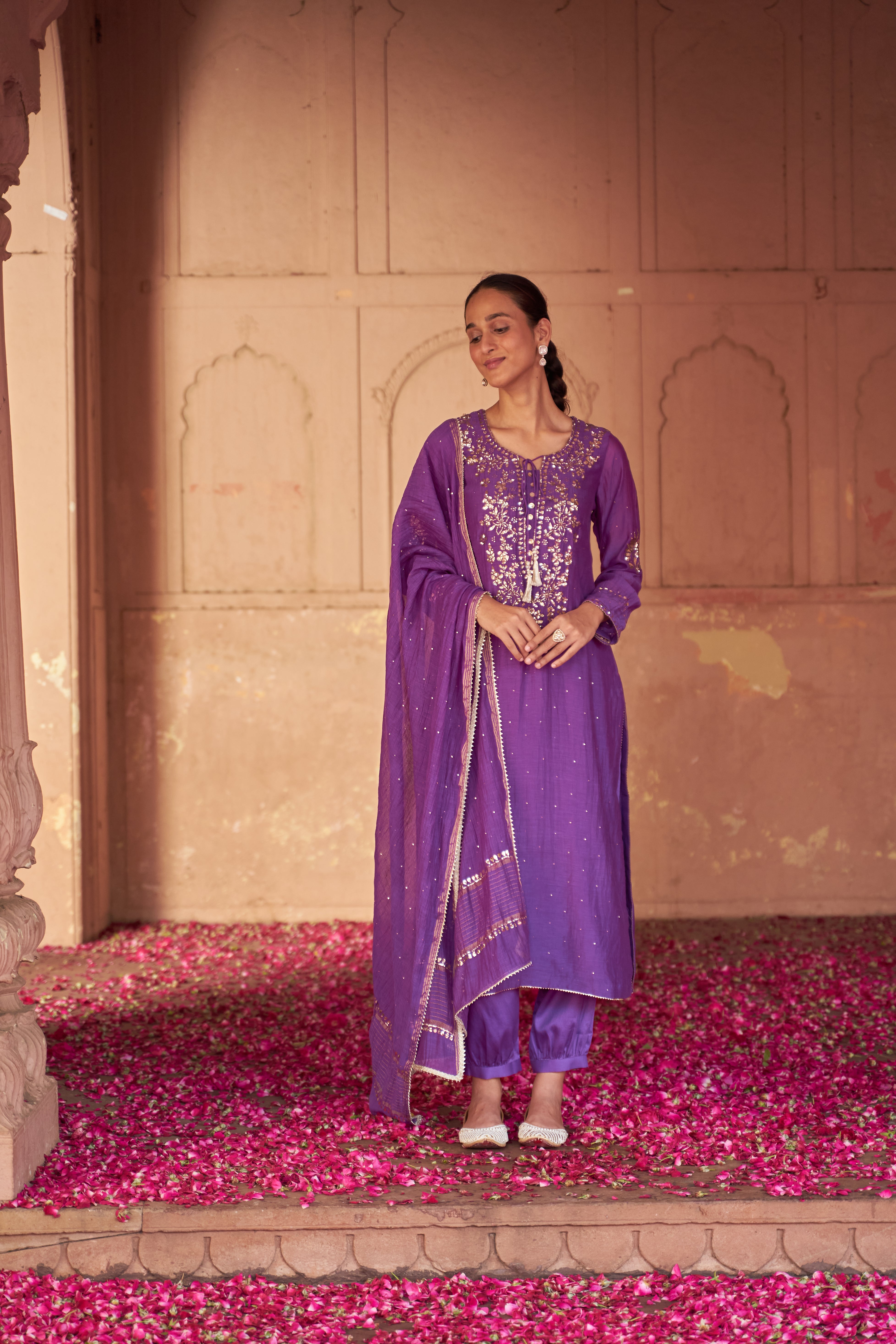 Purpel Mul Chanderi Chikankari Kurta Set