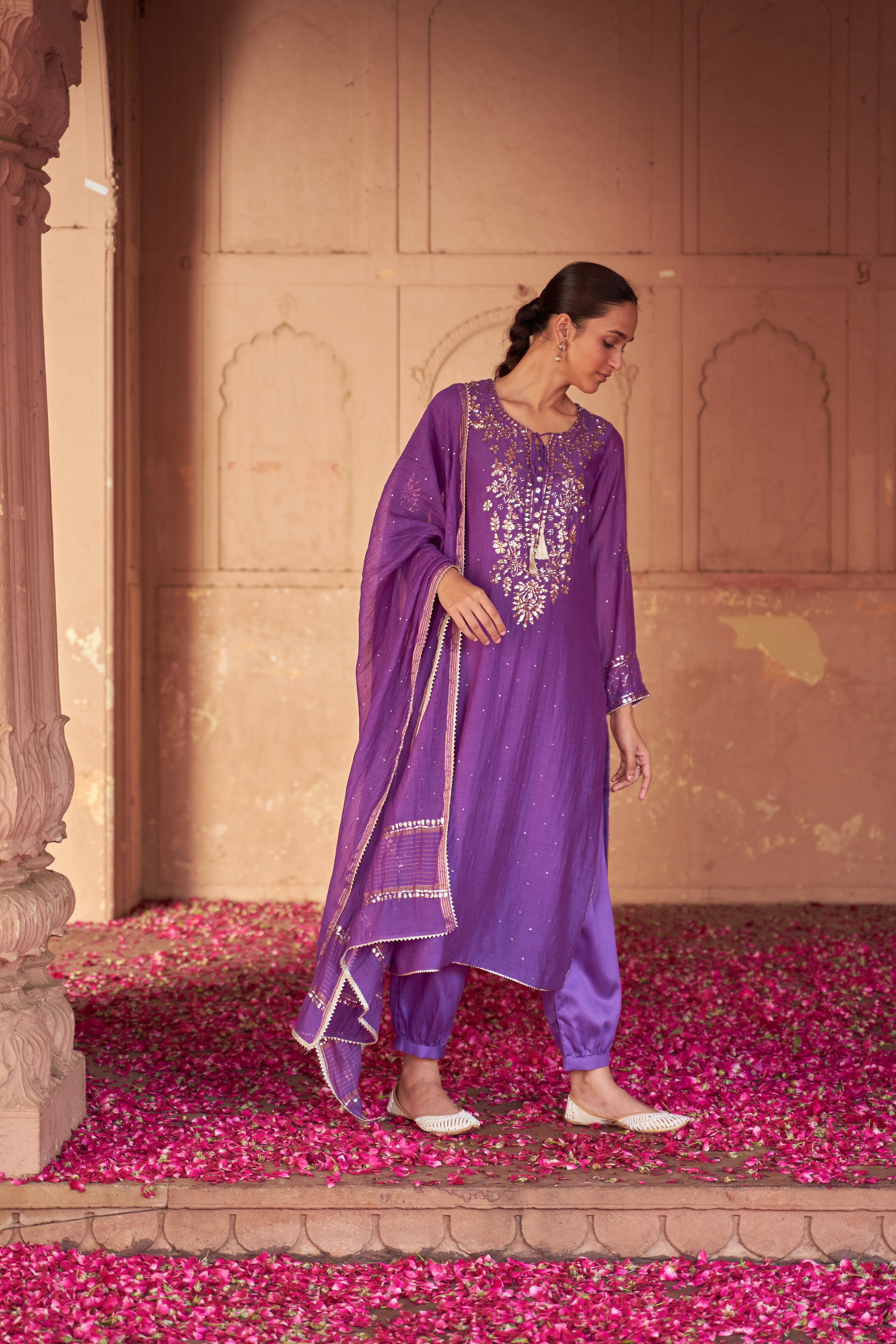 Purpel Mul Chanderi Chikankari Kurta Set