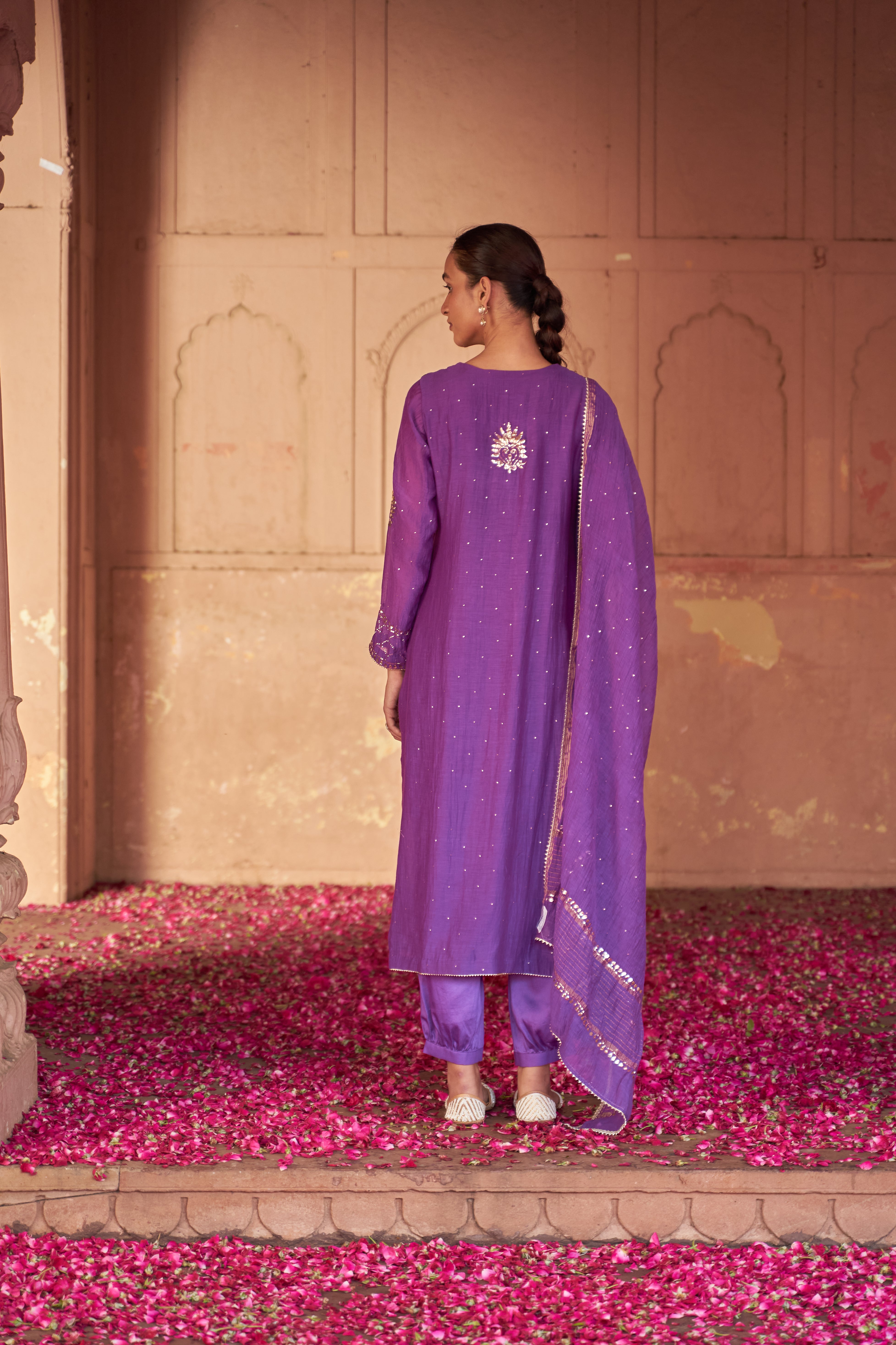 Purpel Mul Chanderi Chikankari Kurta Set