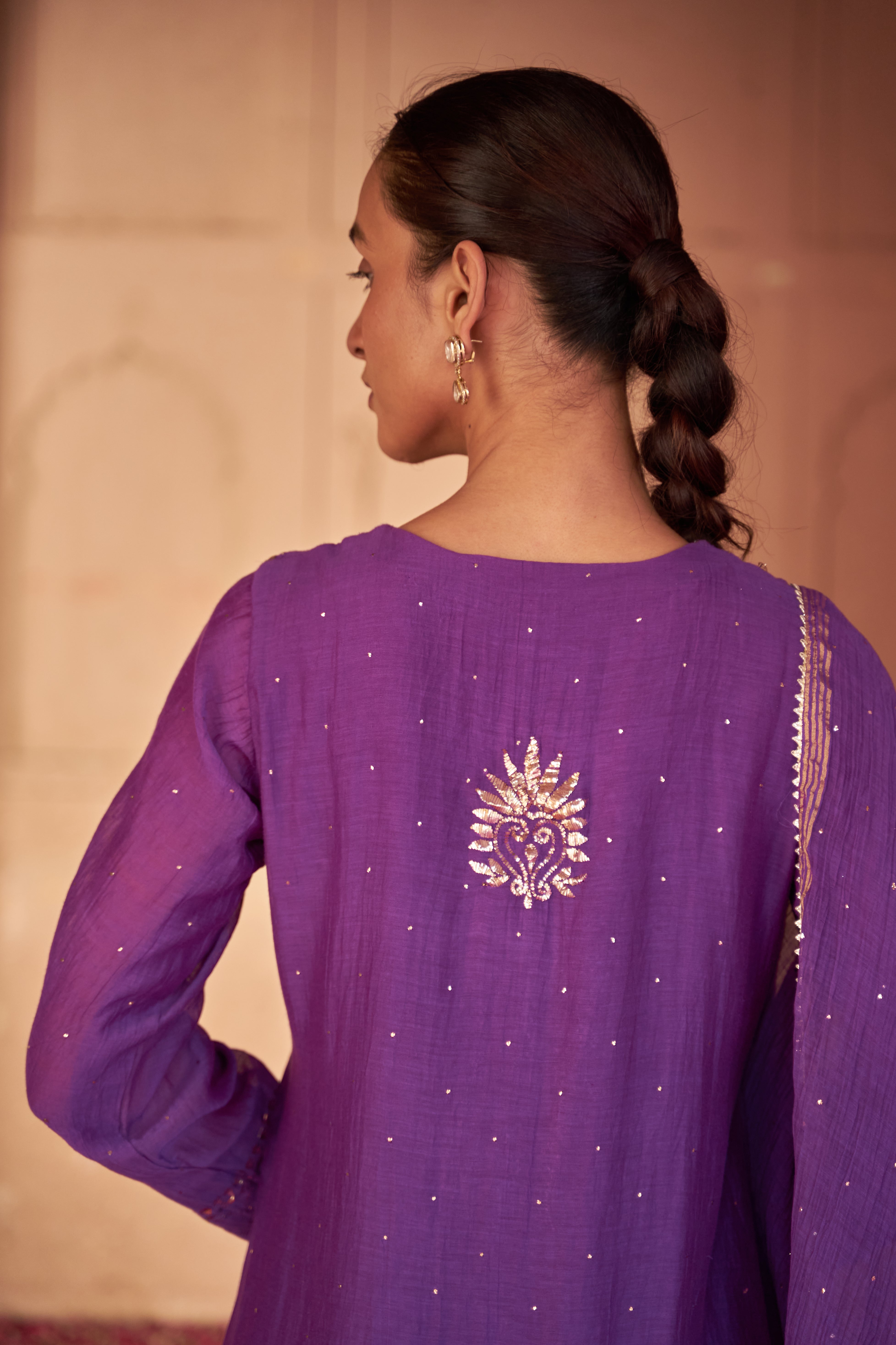 Purpel Mul Chanderi Chikankari Kurta Set