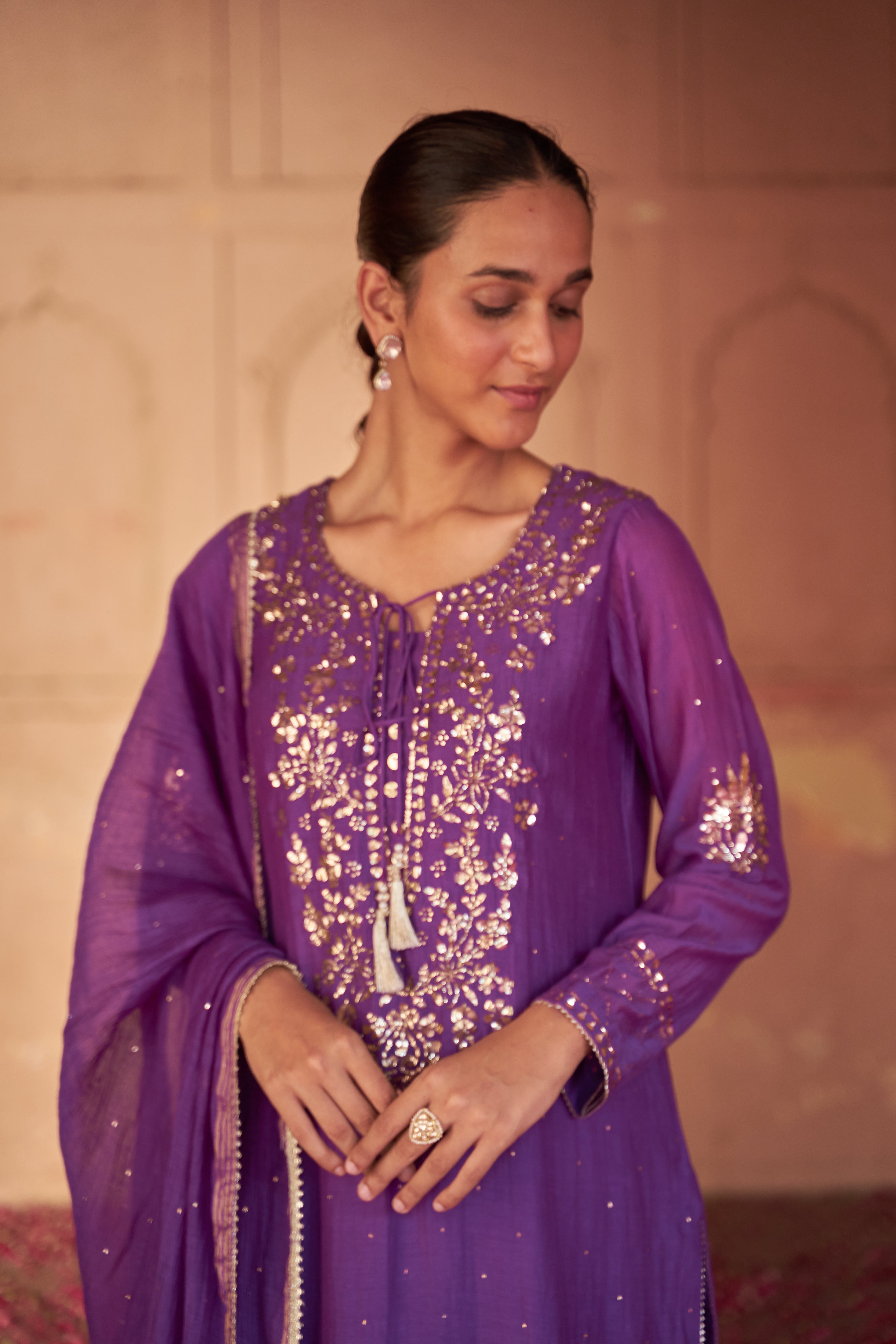 Purpel Mul Chanderi Chikankari Kurta Set