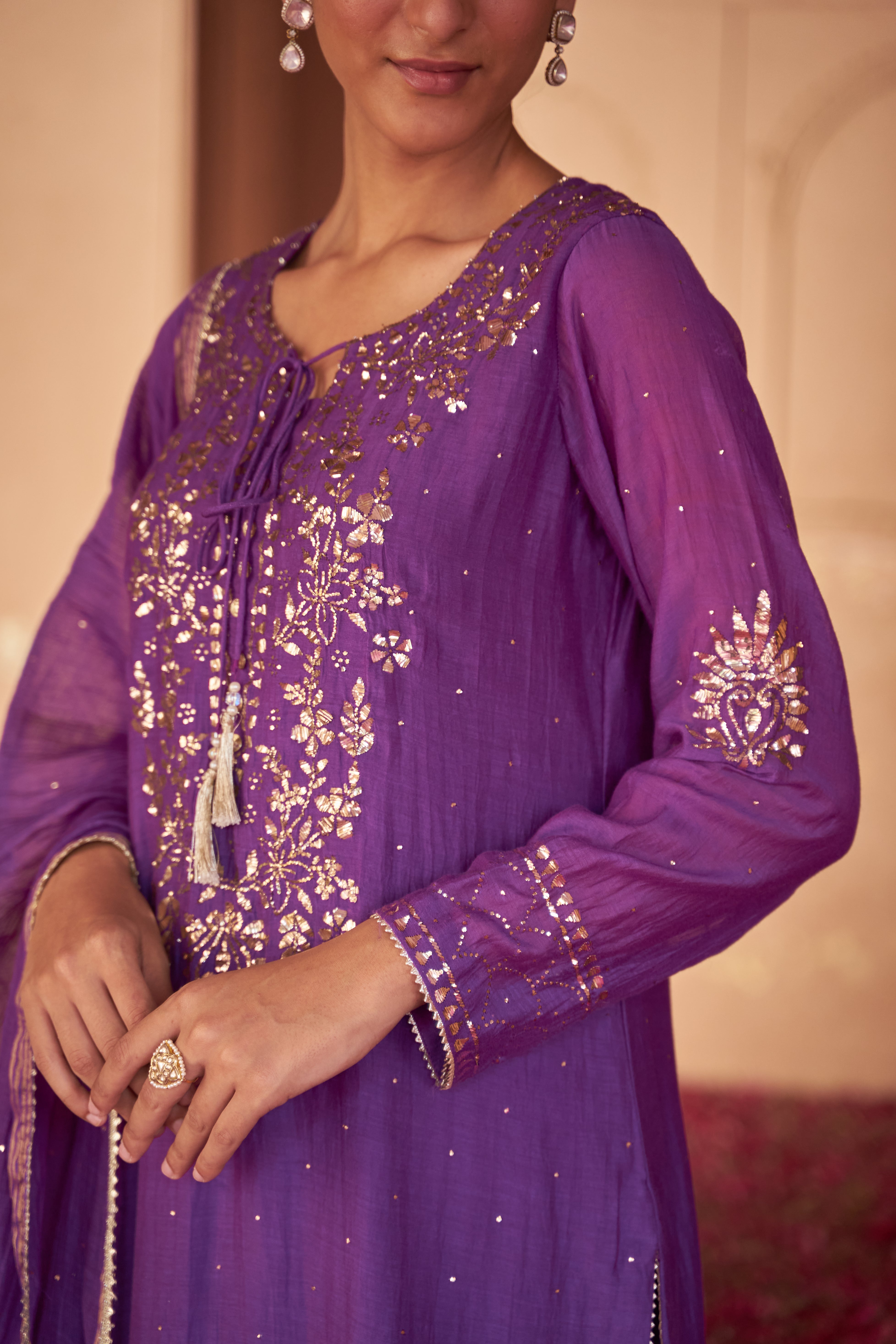 Purpel Mul Chanderi Chikankari Kurta Set