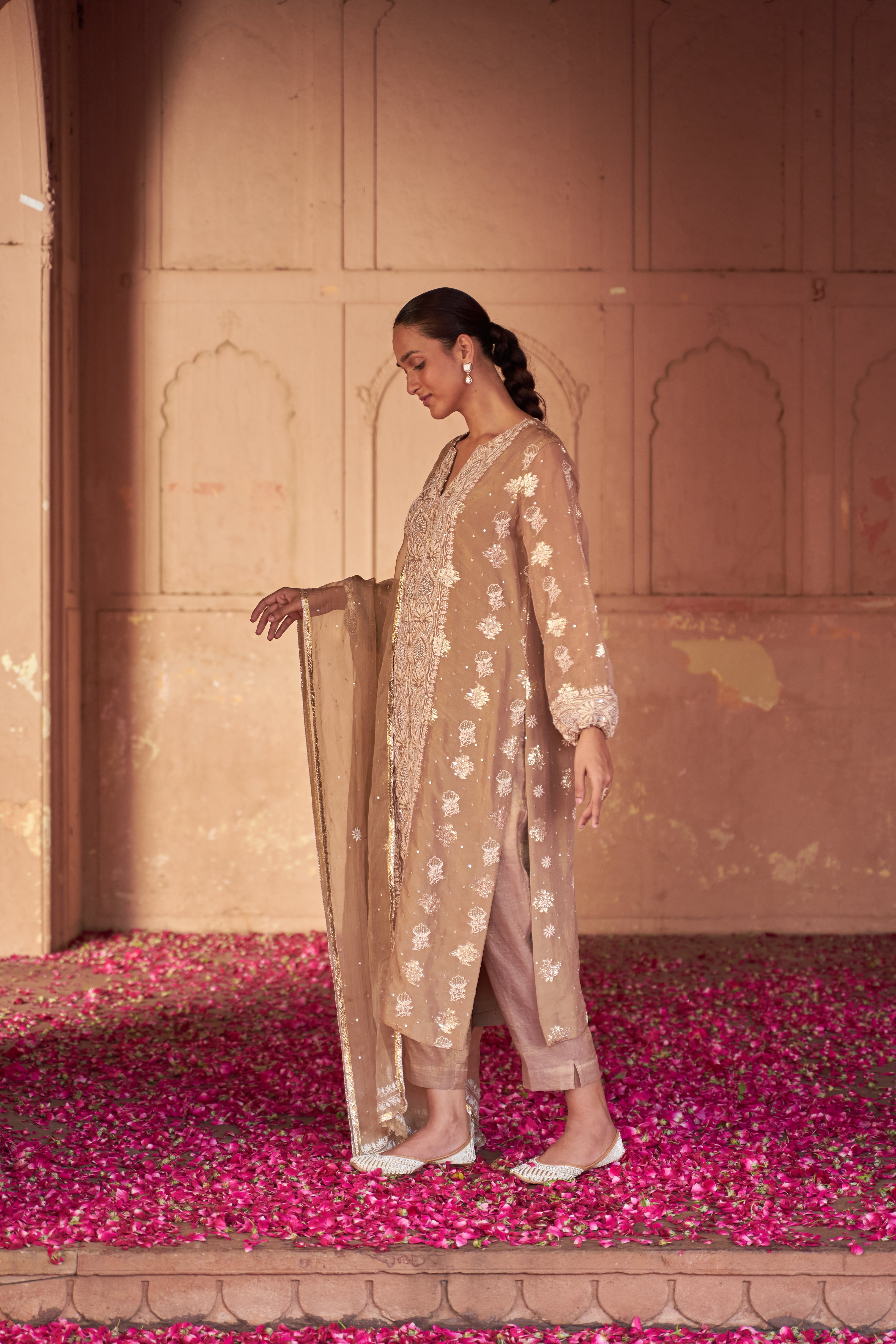 Brown Tissue Organza Chikankari Kurta Set