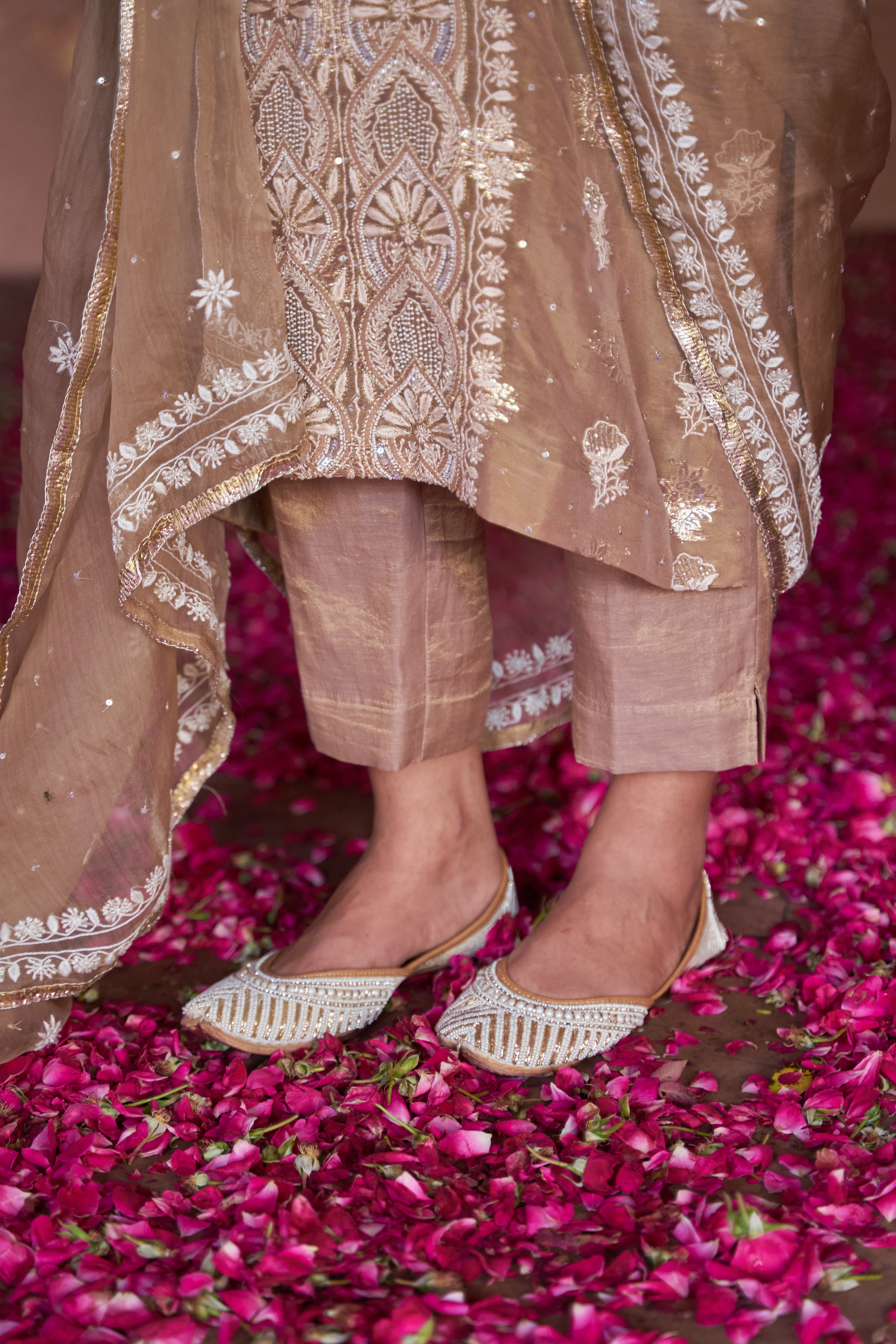 Brown Tissue Organza Chikankari Kurta Set