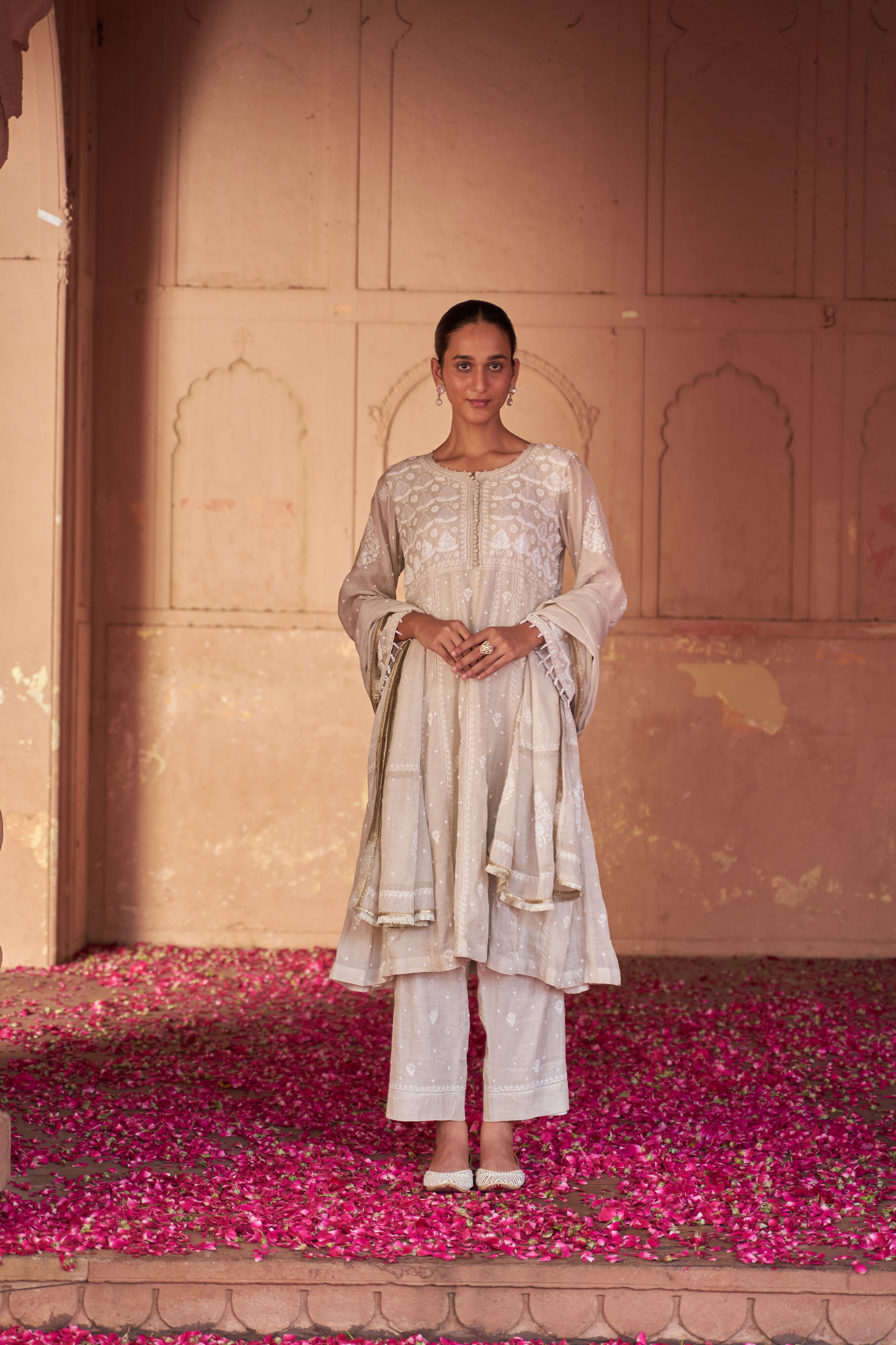 Silver Tissue Chikankari Anarkali Set