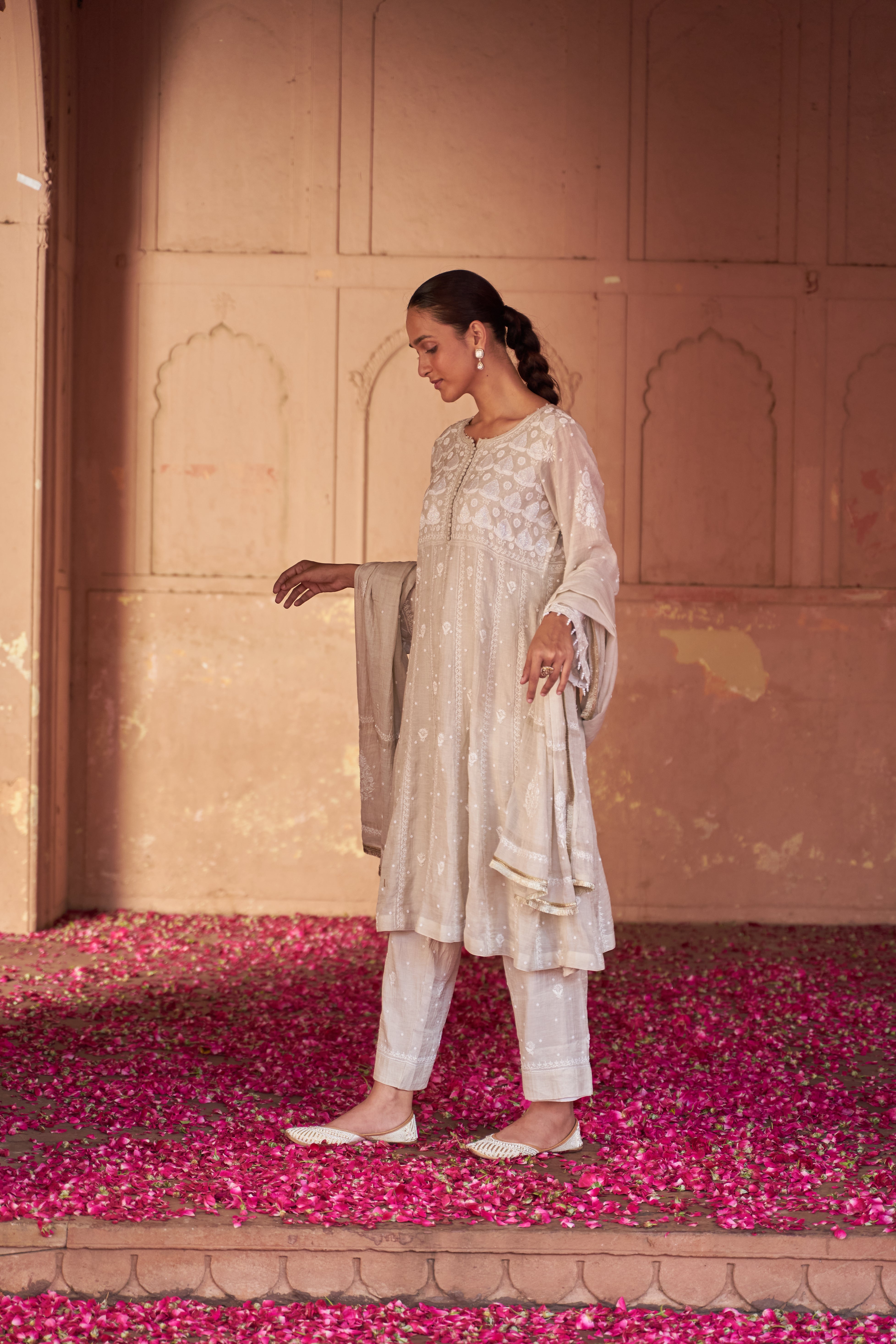 Silver Tissue Chikankari Anarkali Set