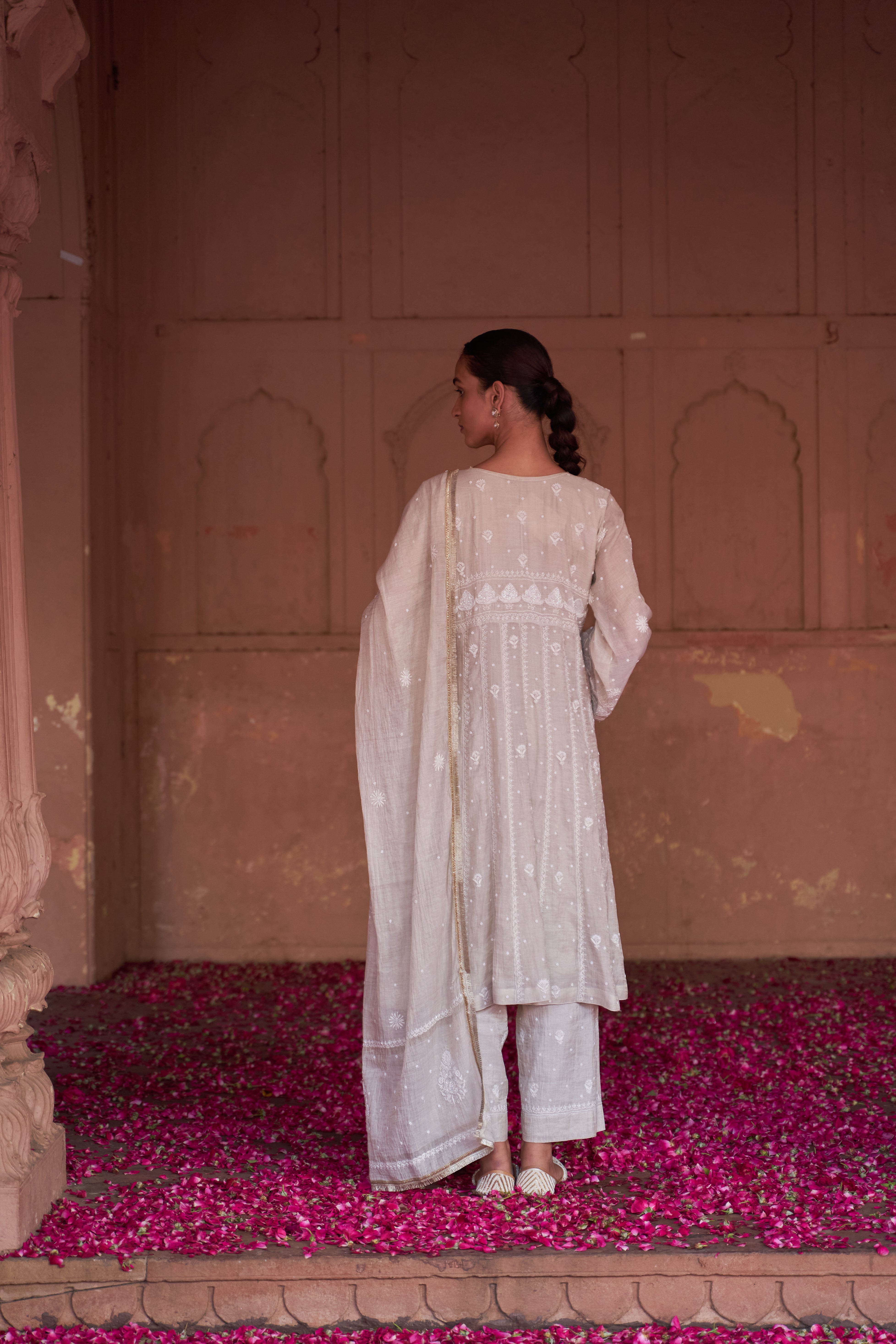 Silver Tissue Chikankari Anarkali Set