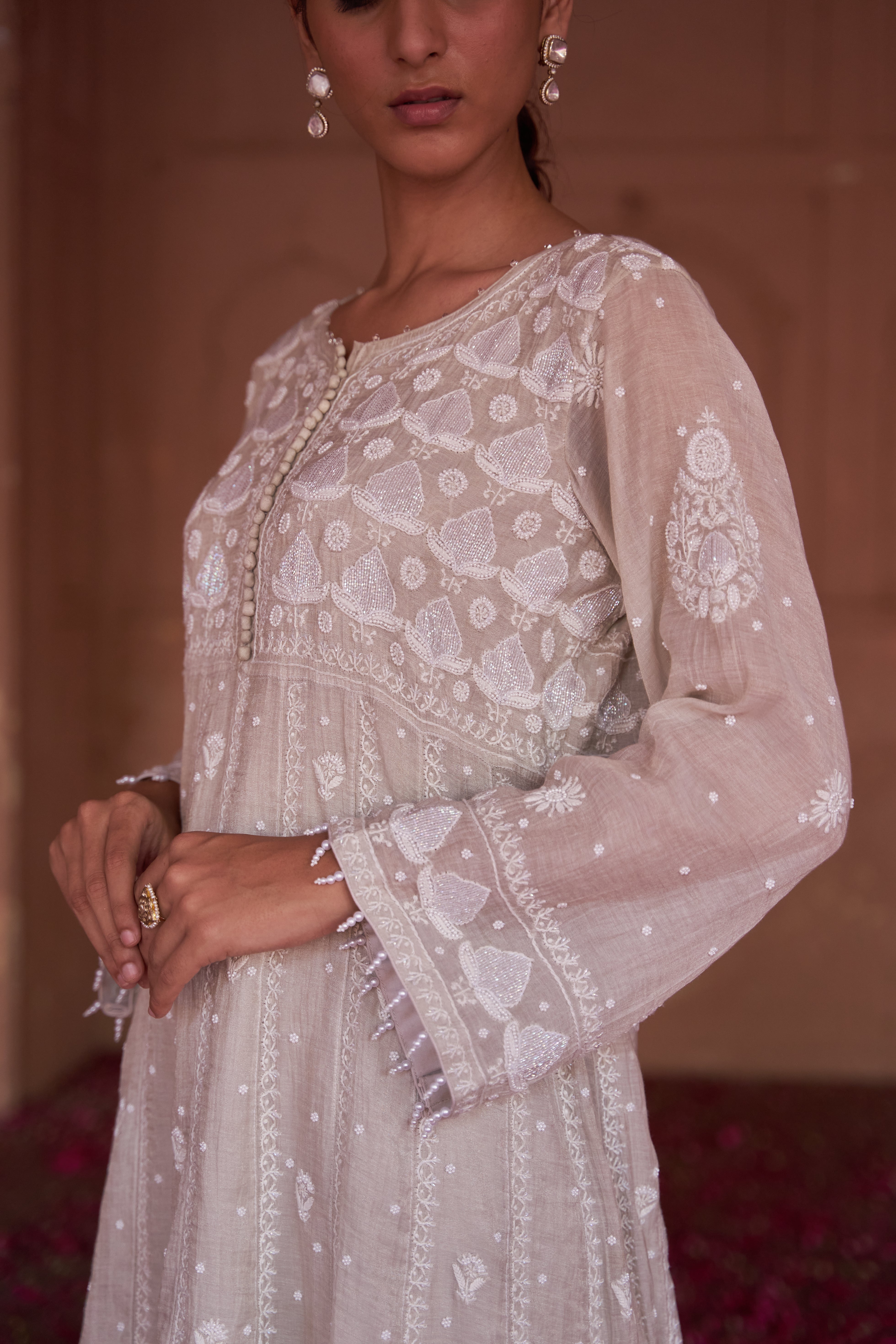 Silver Tissue Chikankari Anarkali Set