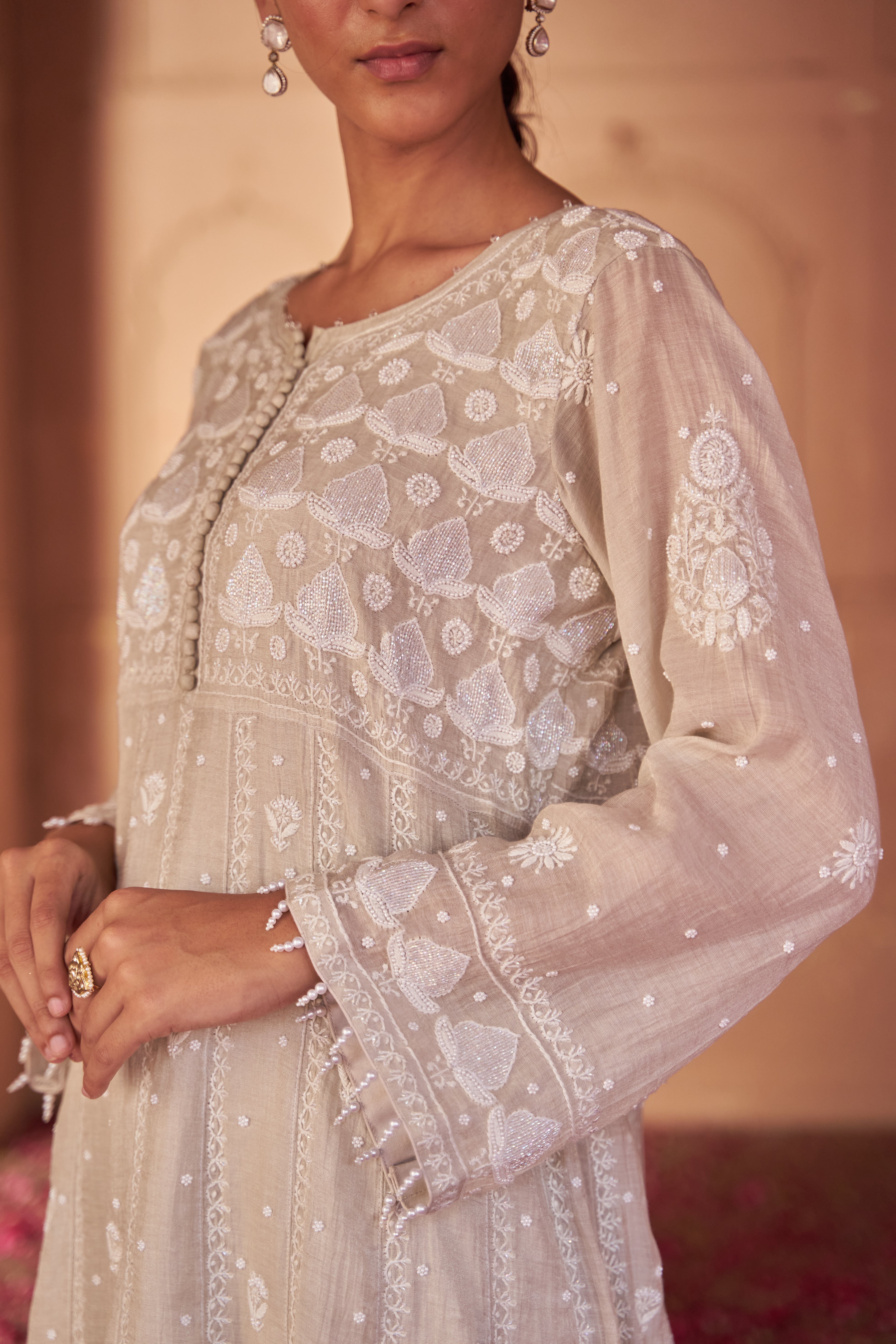 Silver Tissue Chikankari Anarkali Set