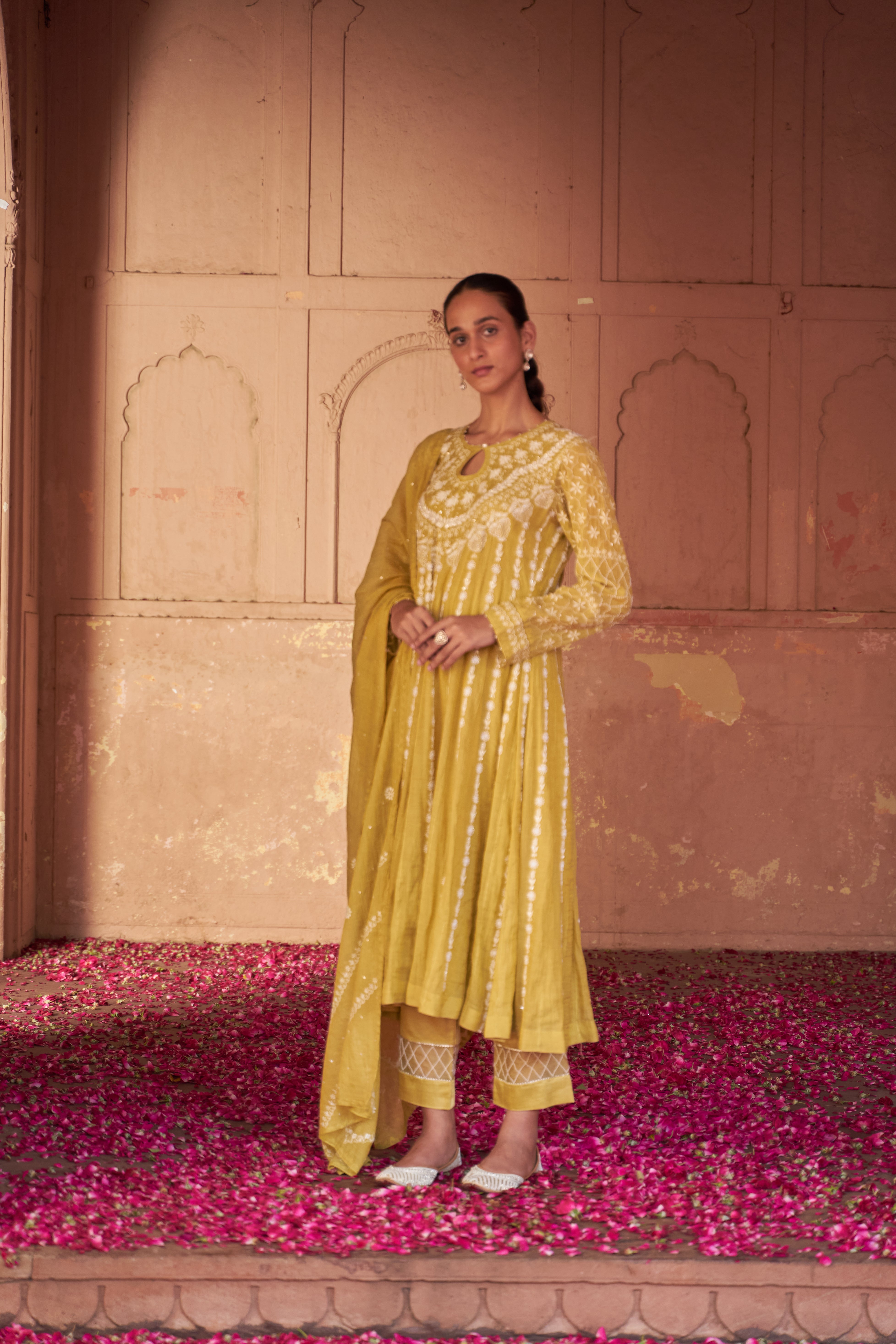 Lime Green Tissue Chikankari Anarkali