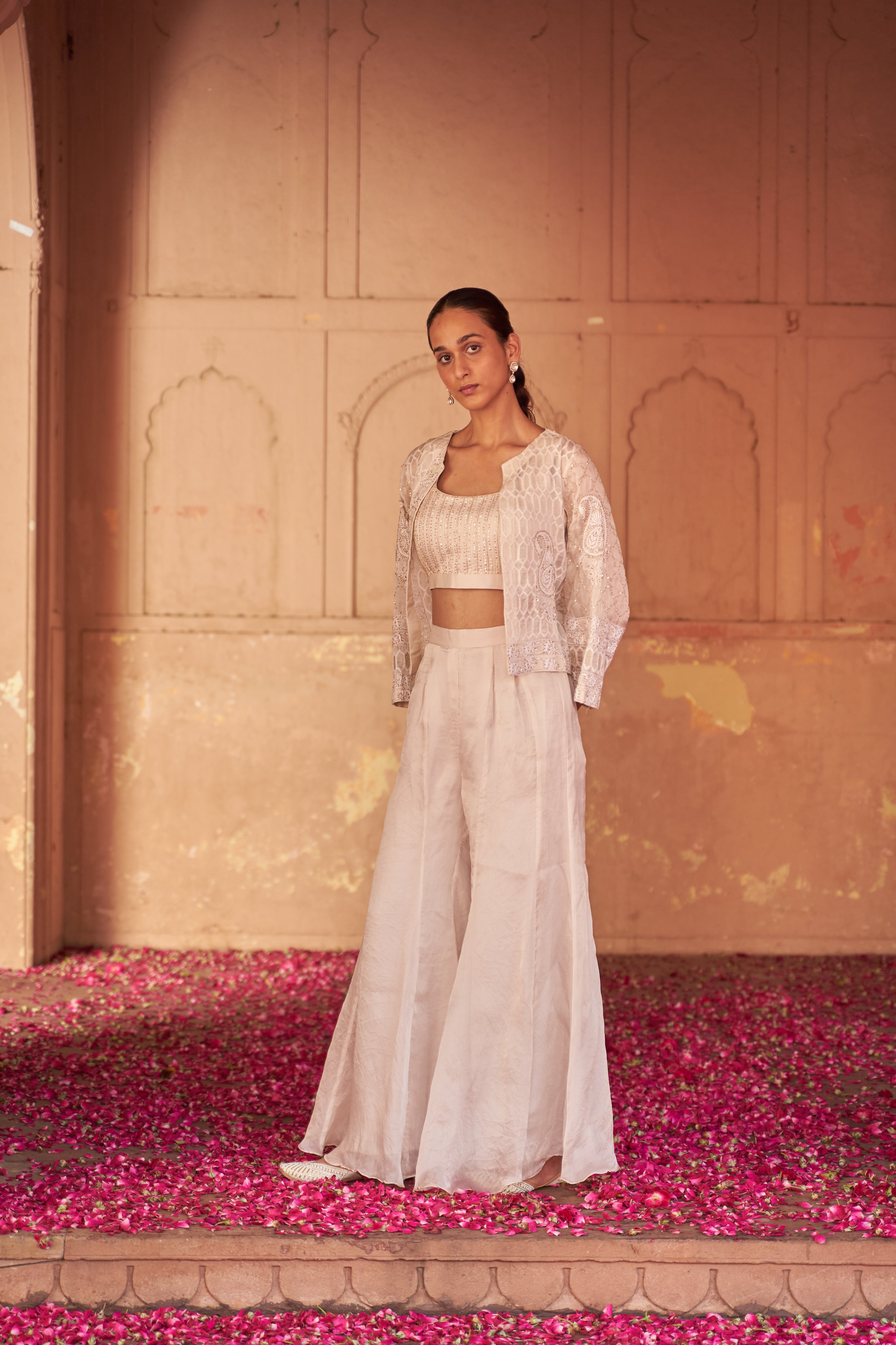 Ivory Organza Chikankari Top And Sharara Set