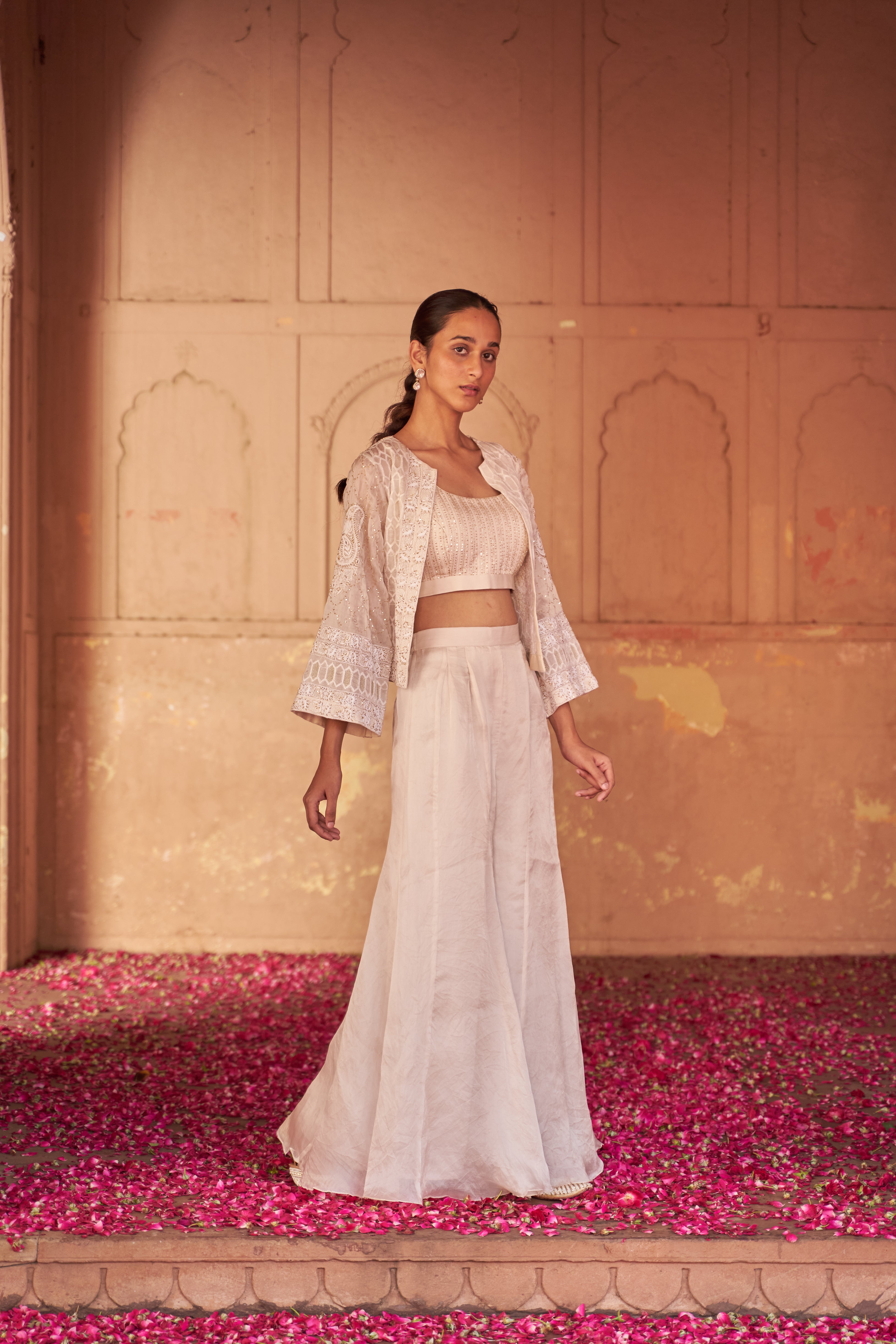 Ivory Organza Chikankari Top And Sharara Set