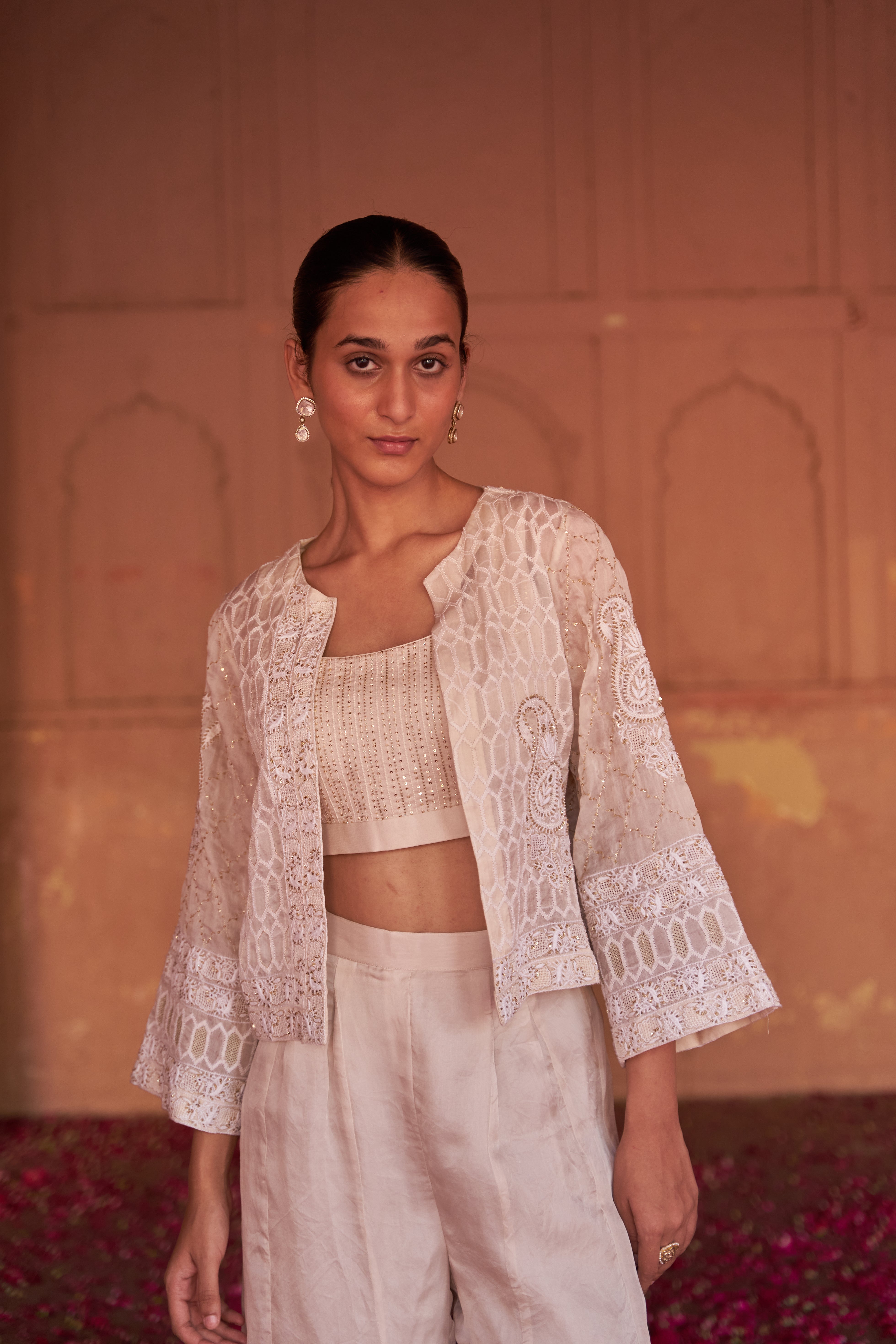 Ivory Organza Chikankari Top And Sharara Set