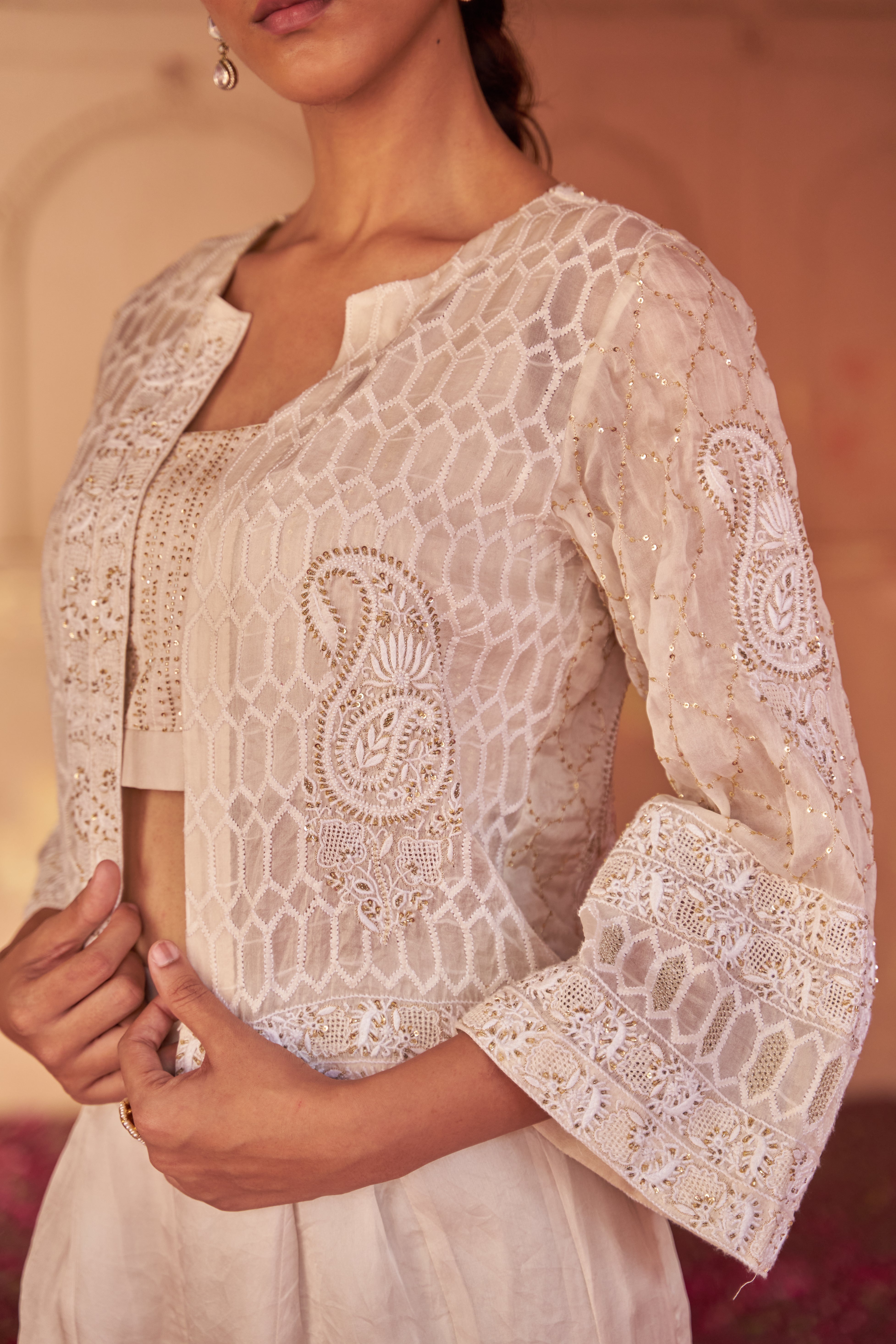 Ivory Organza Chikankari Top And Sharara Set