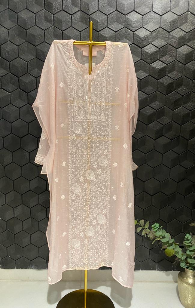 Pink mul chanderi chikankari kurta set