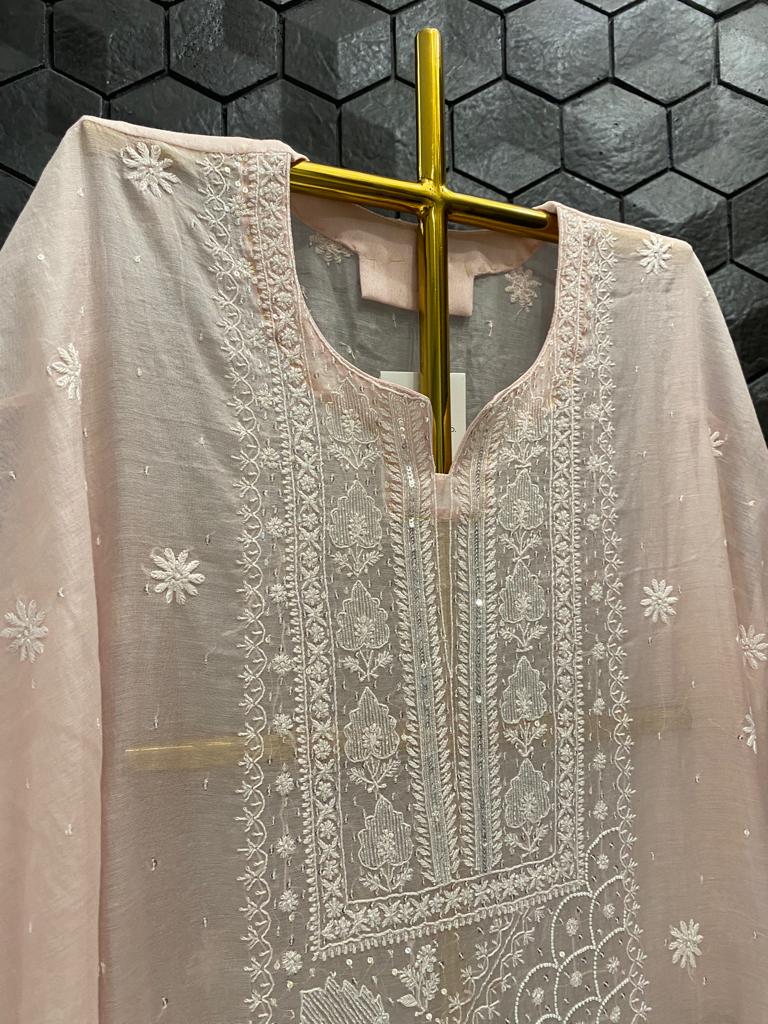 Pink mul chanderi chikankari kurta set