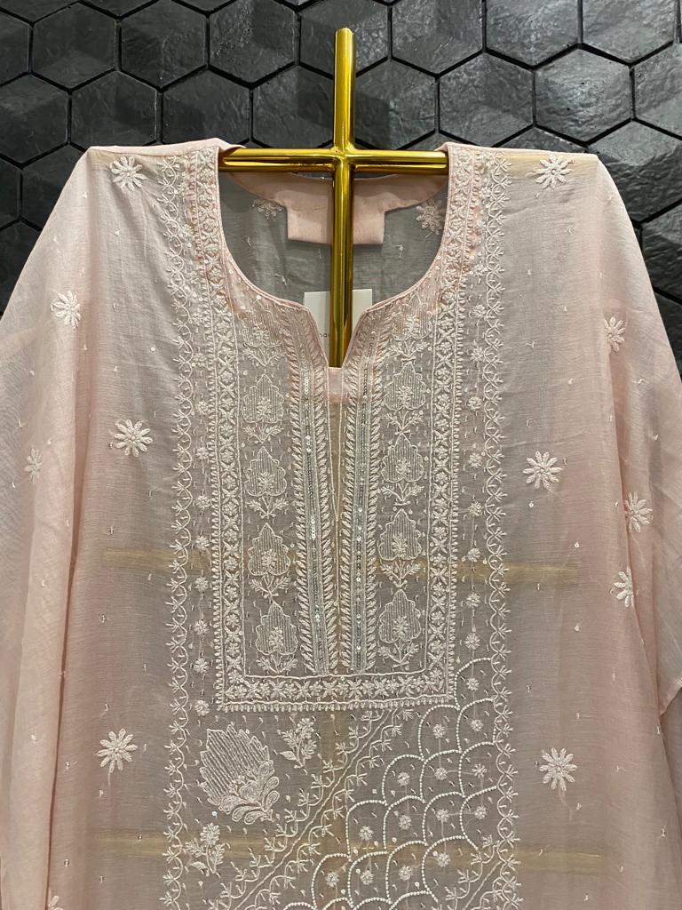 Pink mul chanderi chikankari kurta set