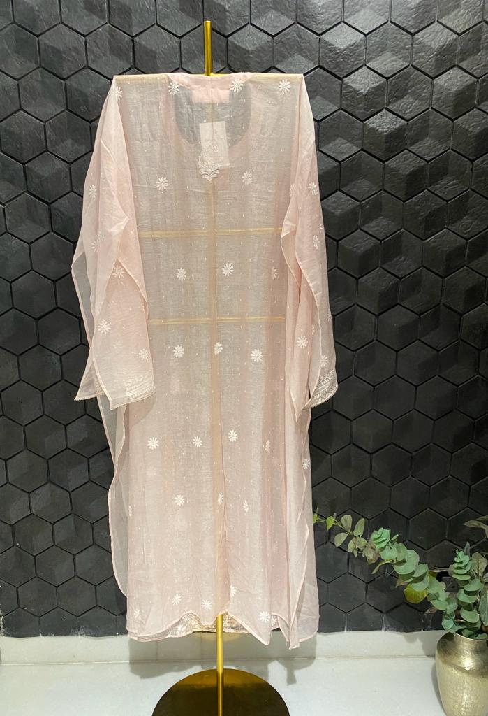 Pink mul chanderi chikankari kurta set