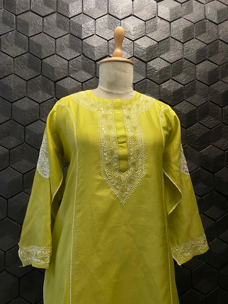 Lime Green Chanderi Chikankari Co-Ord Set