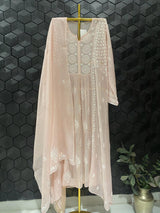 Pink Mul Chanderi Chikankari A-Line Kurta Set