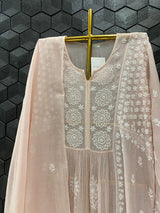 Pink Mul Chanderi Chikankari A-Line Kurta Set