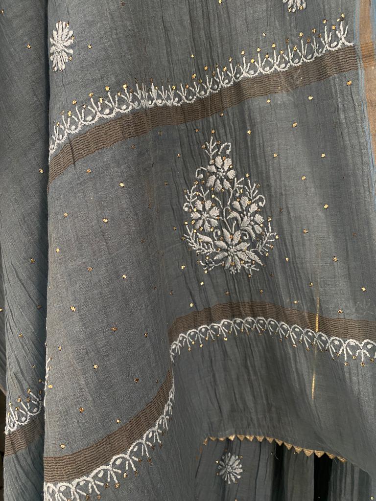 Grey Golden Tissue Chikankari Sharara Set