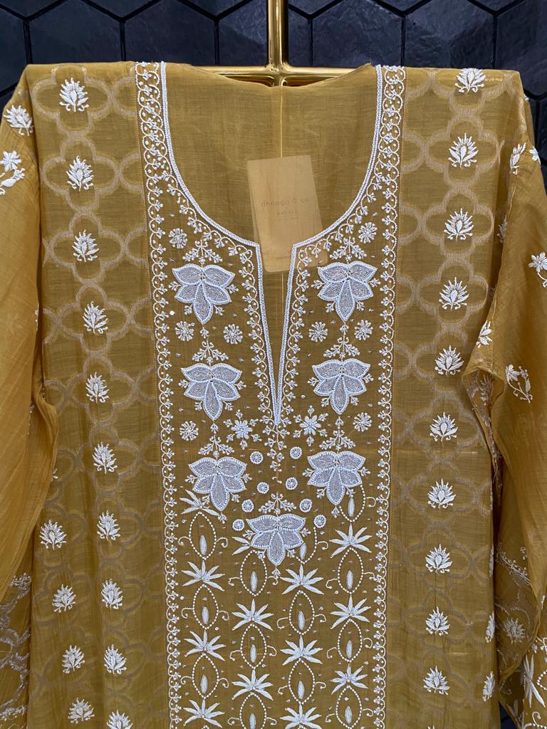 Mustard Yellow Mul Chanderi Chikankari Kurta Set