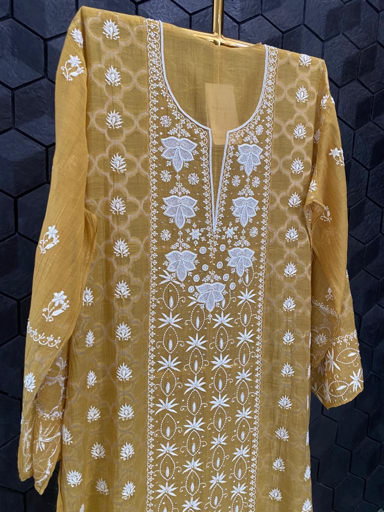 Mustard Yellow Mul Chanderi Chikankari Kurta Set