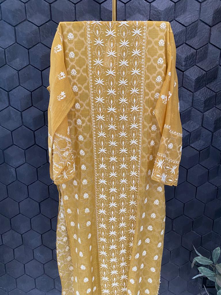 Mustard Yellow Mul Chanderi Chikankari Kurta Set