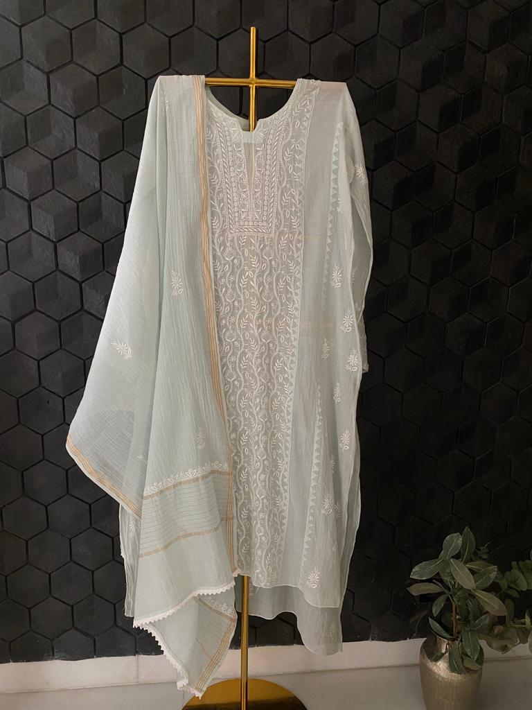 Sea Green Maheshwari Chikankari Kurta Set