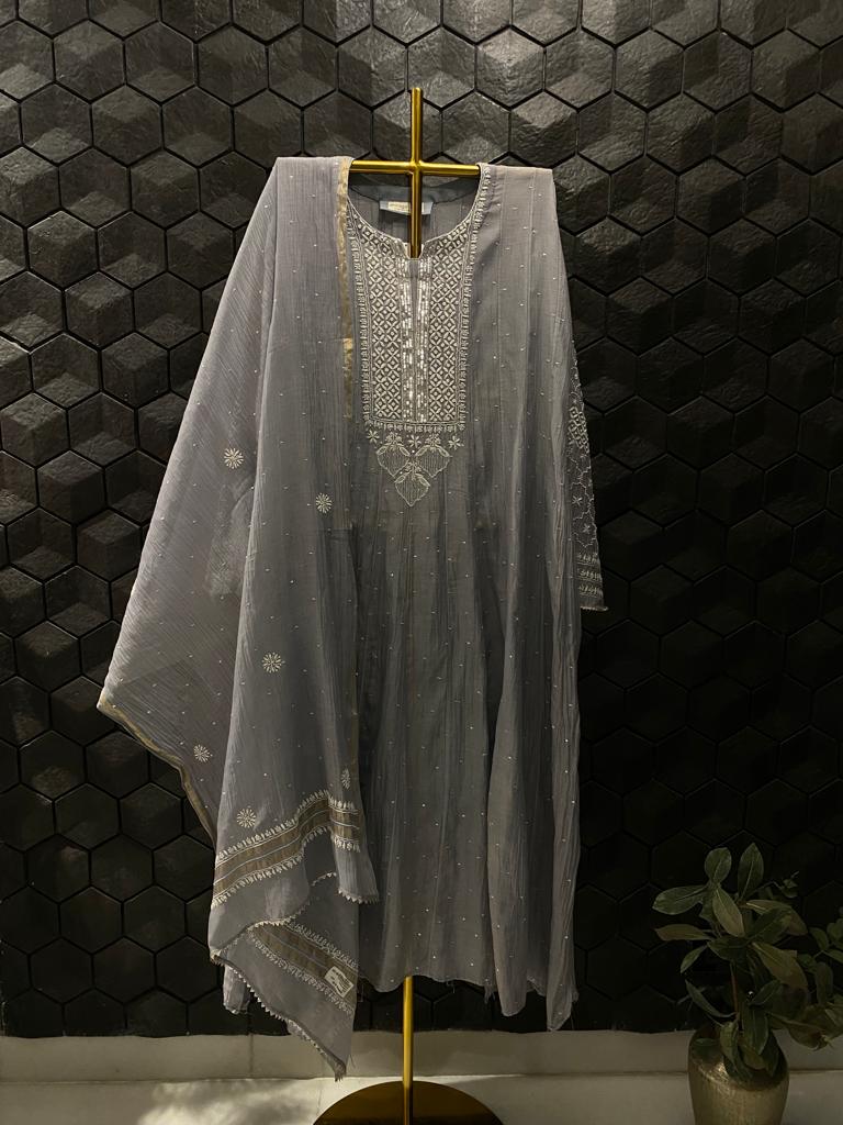 Grey Mul Chanderi Anarkali Set