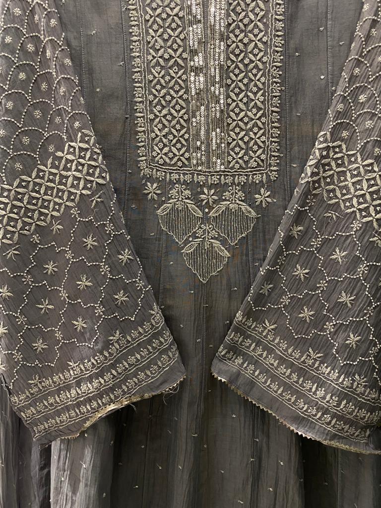 Grey Mul Chanderi Anarkali Set