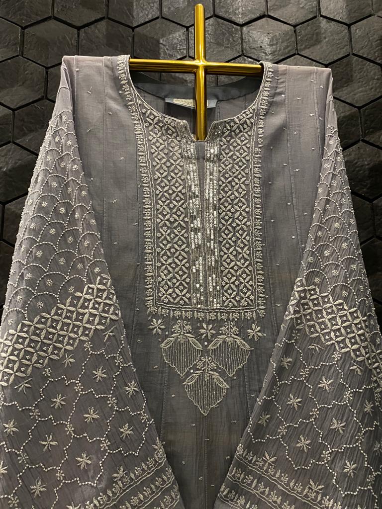 Grey Mul Chanderi Anarkali Set