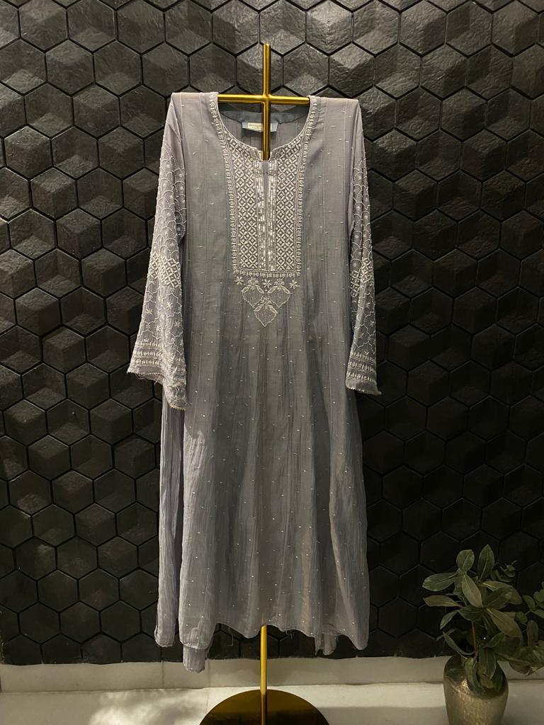 Grey Mul Chanderi Anarkali Set