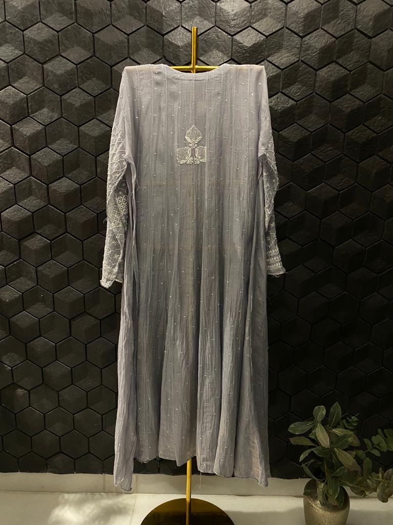 Grey Mul Chanderi Anarkali Set